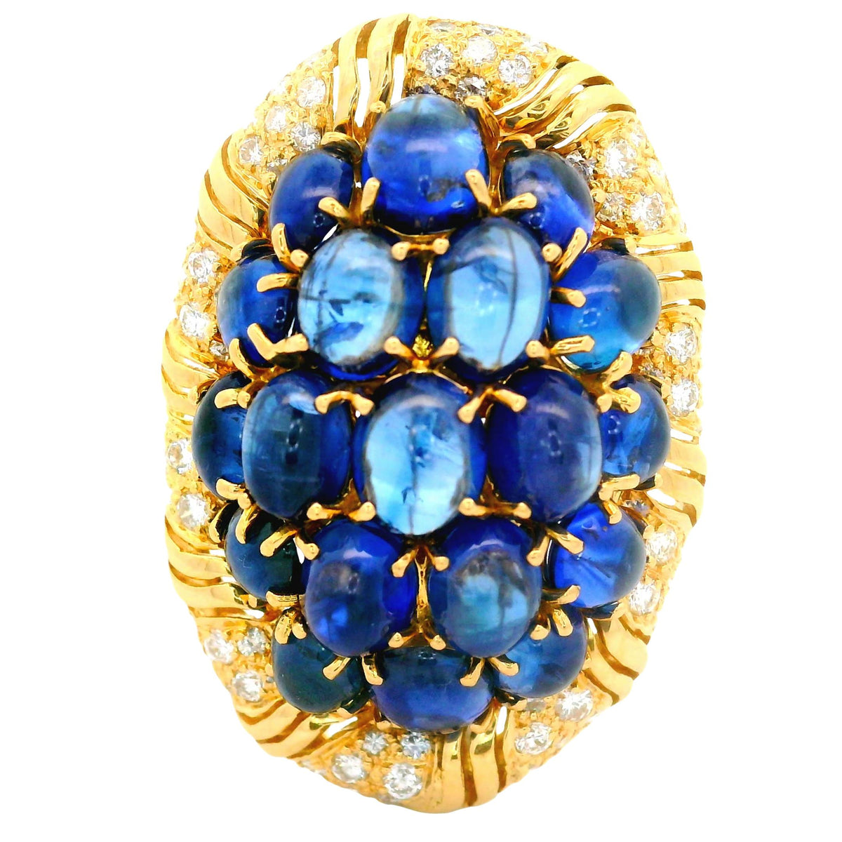 Vintage Blue Sapphire Diamond 18K Yellow Gold Cluster Brooch
