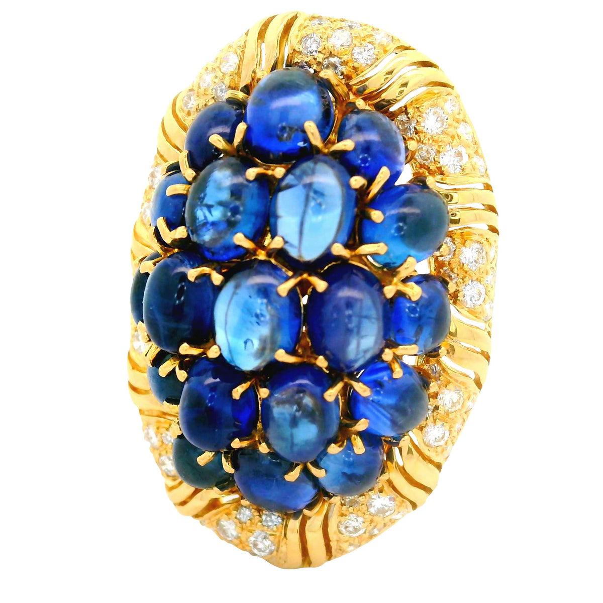 Vintage Blue Sapphire Diamond 18K Yellow Gold Cluster Brooch