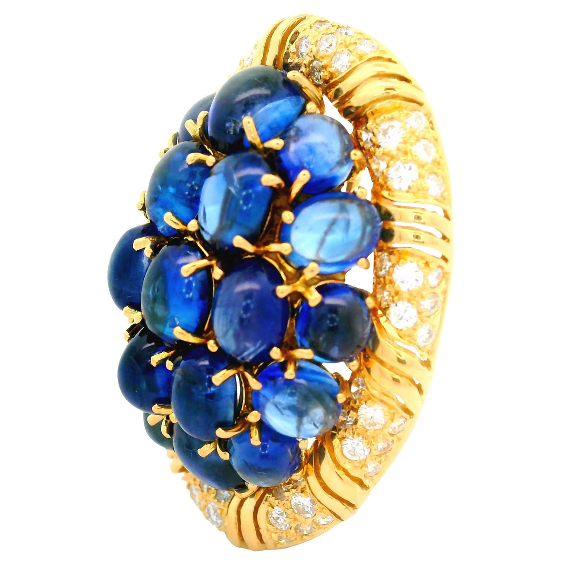 Vintage Blue Sapphire Diamond 18K Yellow Gold Cluster Brooch