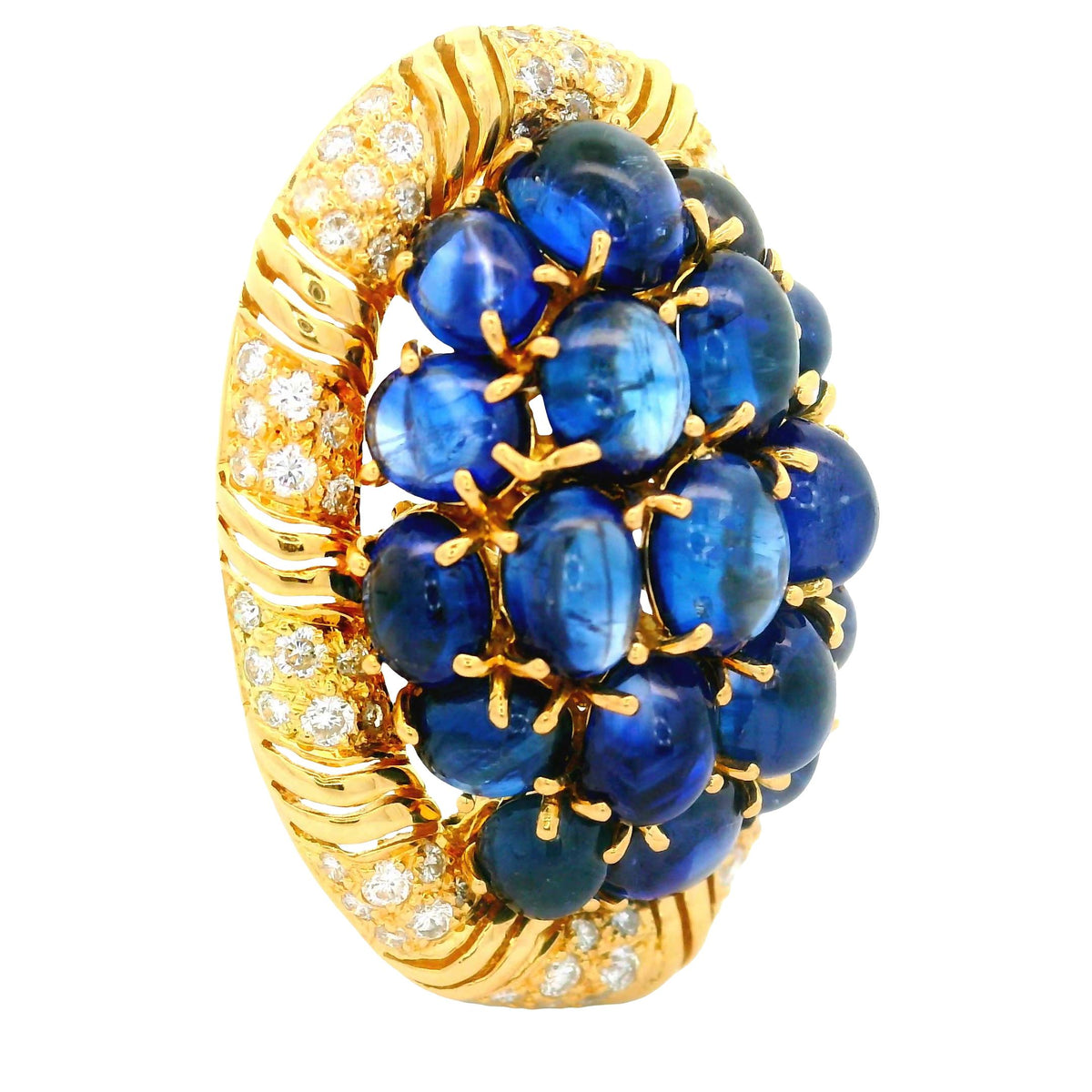 Vintage Blue Sapphire Diamond 18K Yellow Gold Cluster Brooch