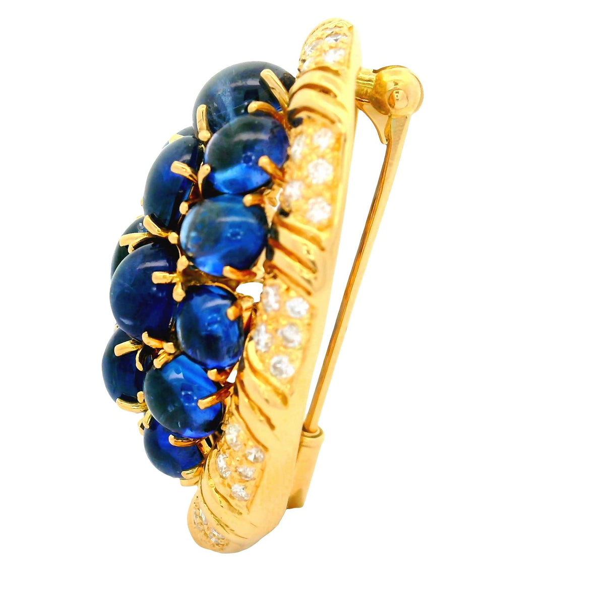 Vintage Blue Sapphire Diamond 18K Yellow Gold Cluster Brooch