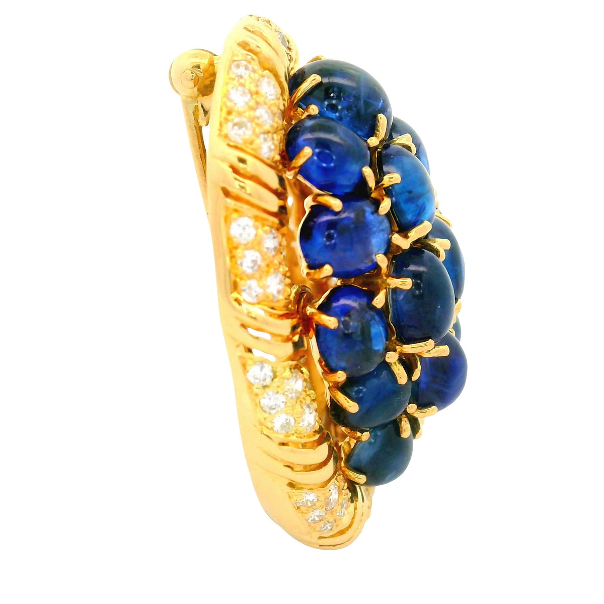 Vintage Blue Sapphire Diamond 18K Yellow Gold Cluster Brooch