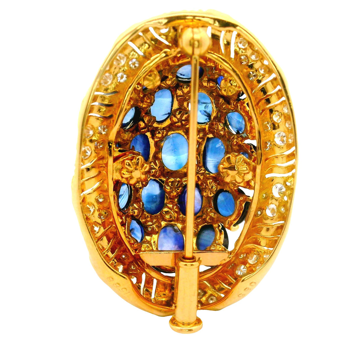 Vintage Blue Sapphire Diamond 18K Yellow Gold Cluster Brooch