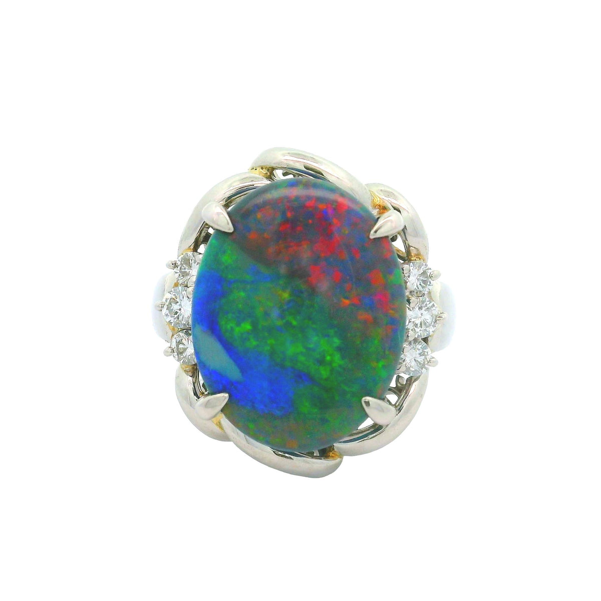 Estate 8.69 Carat Australian Black Opal Diamond Platinum Ring