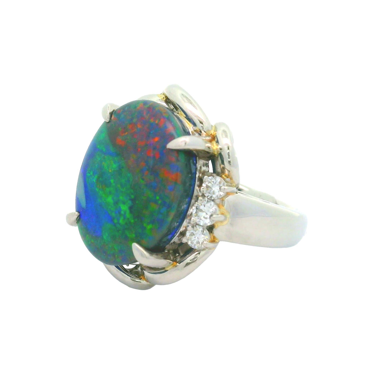 Estate 8.69 Carat Australian Black Opal Diamond Platinum Ring