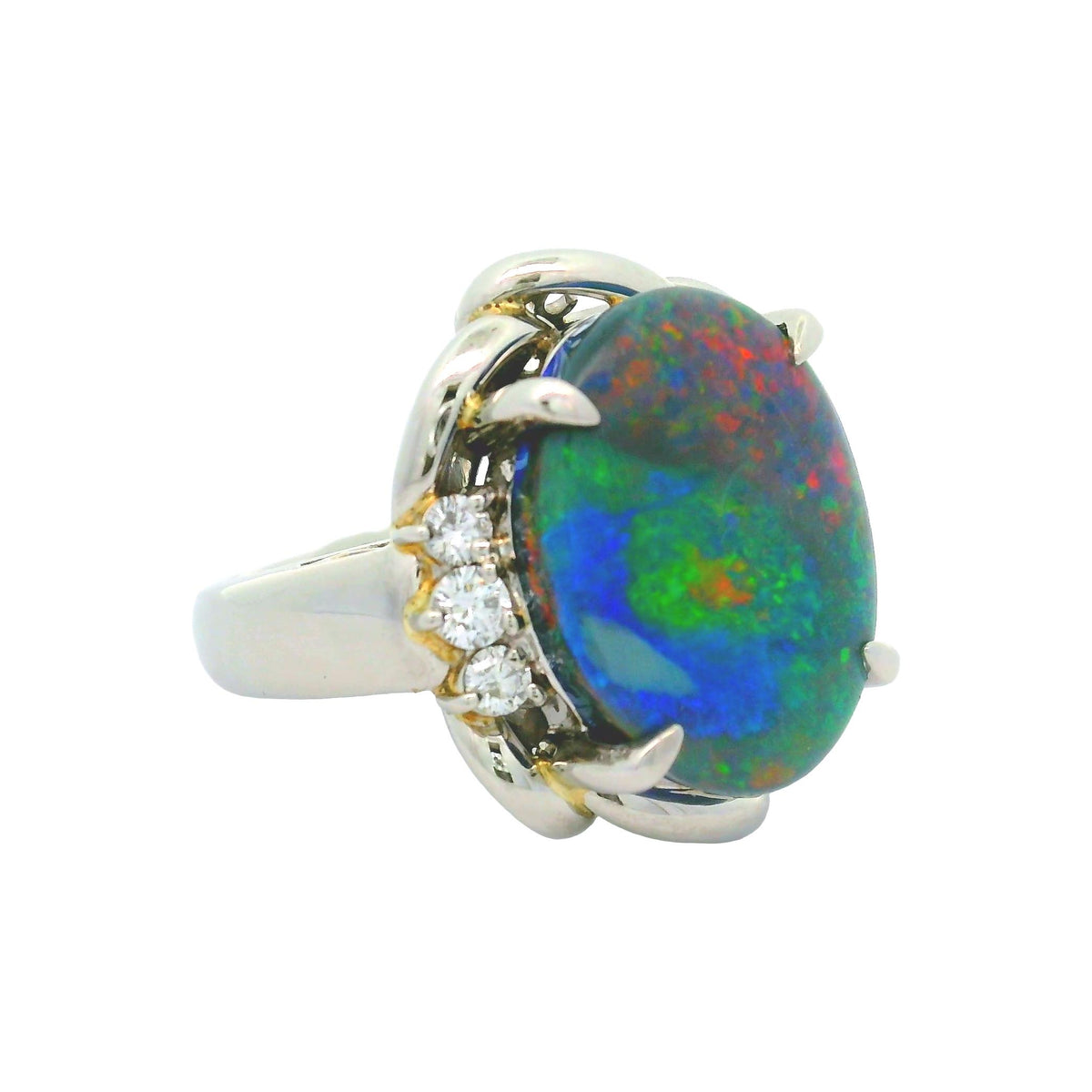 Estate 8.69 Carat Australian Black Opal Diamond Platinum Ring