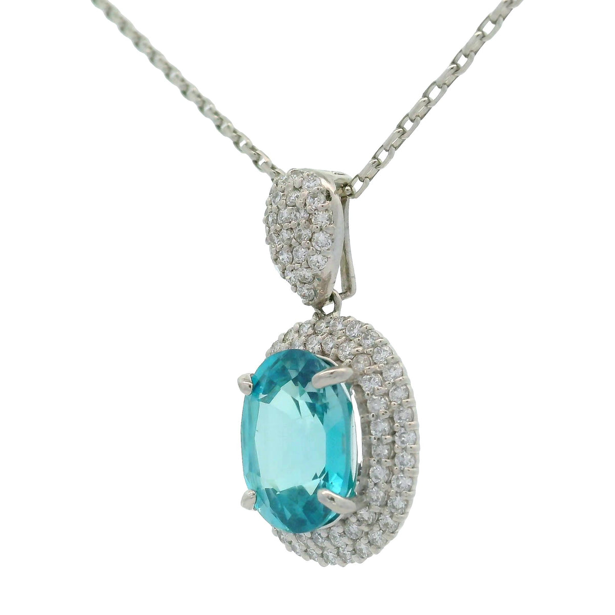 6.72 Carat Blue Zircon Diamond Double Halo Platinum Pendant Necklace