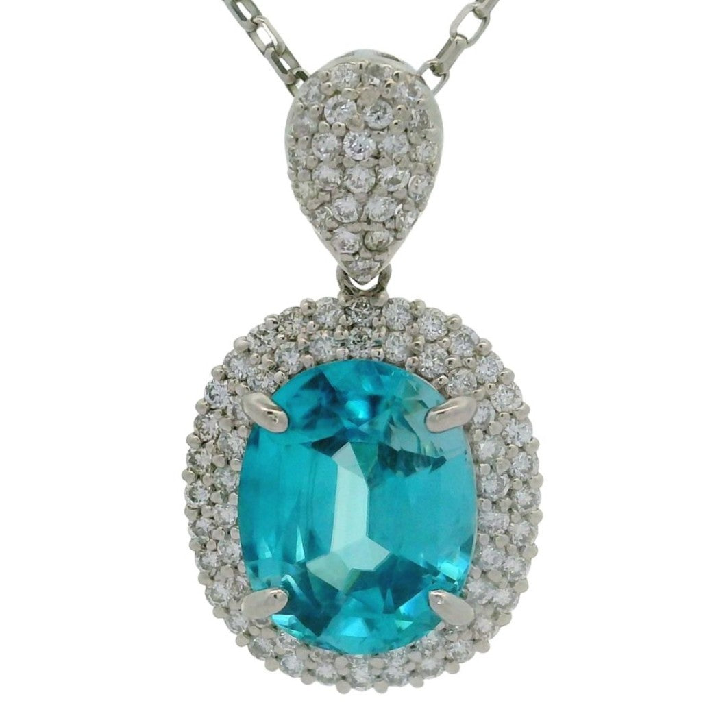 6.72 Carat Blue Zircon Diamond Double Halo Platinum Pendant Necklace