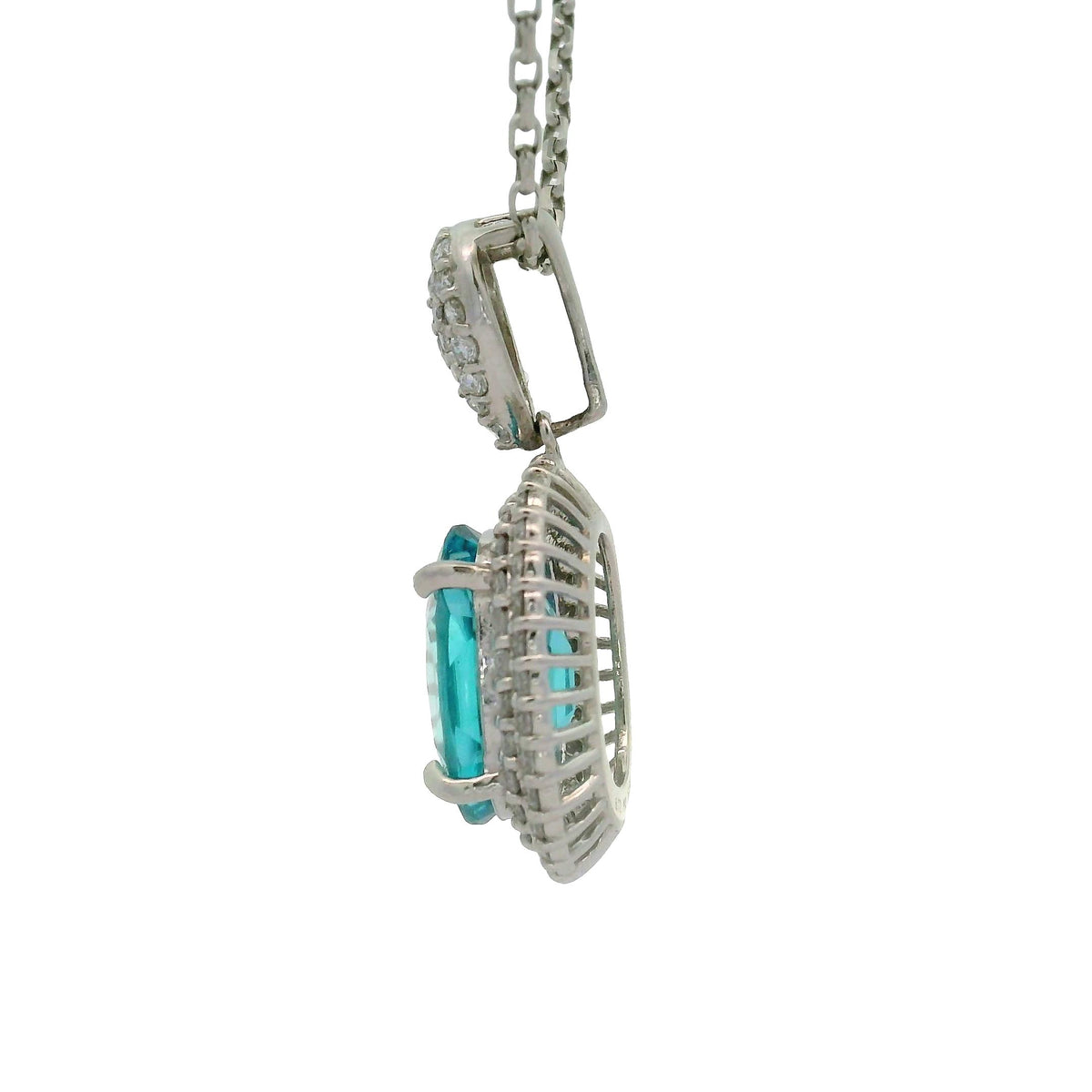 6.72 Carat Blue Zircon Diamond Double Halo Platinum Pendant Necklace