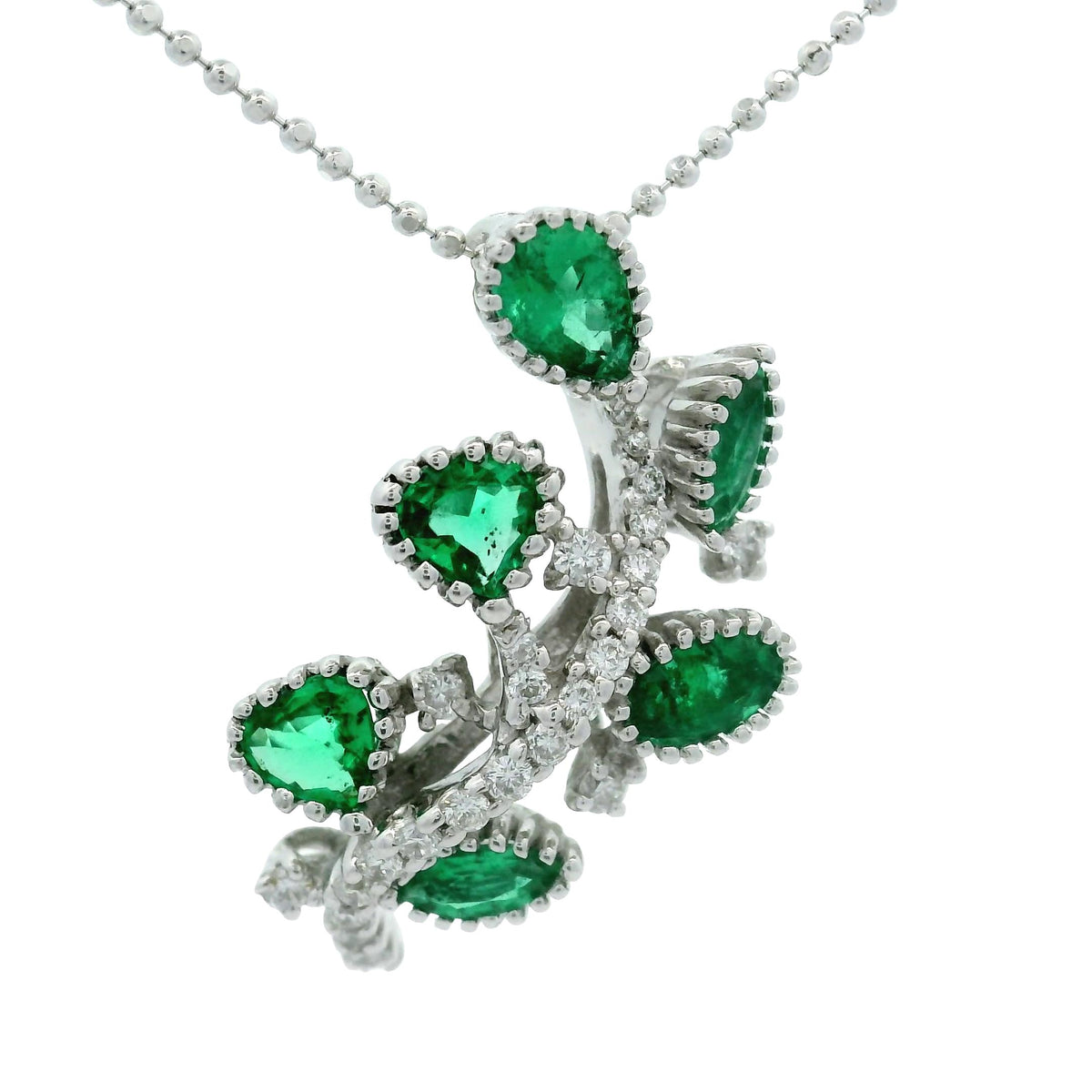 Estate Emerald Diamond 18K White Gold Vine Pendant