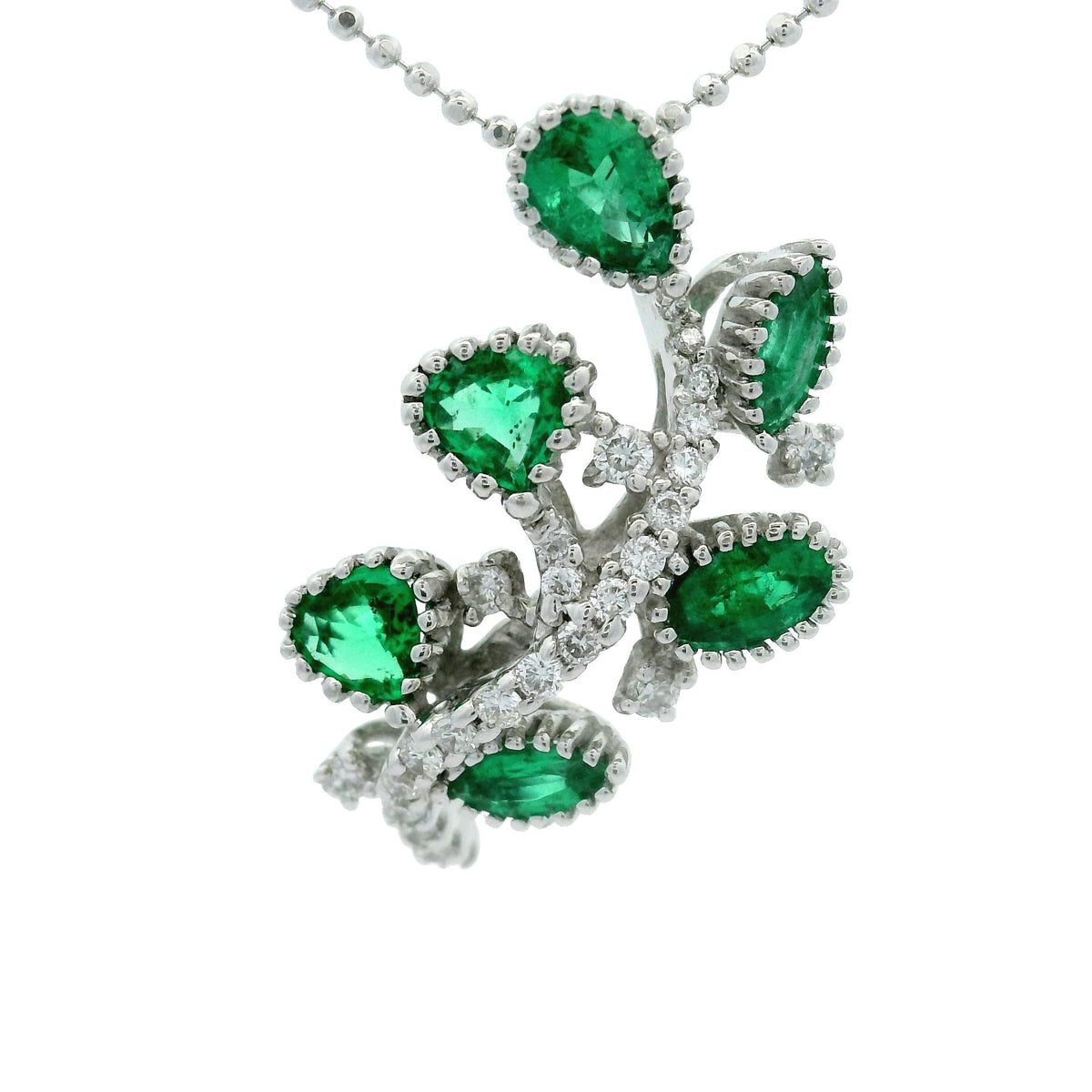 Estate Emerald Diamond 18K White Gold Vine Pendant