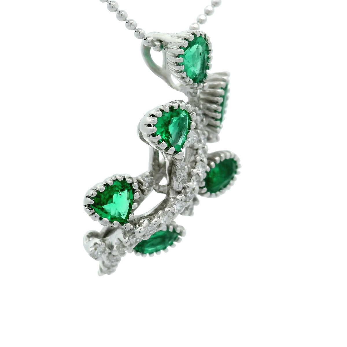 Estate Emerald Diamond 18K White Gold Vine Pendant