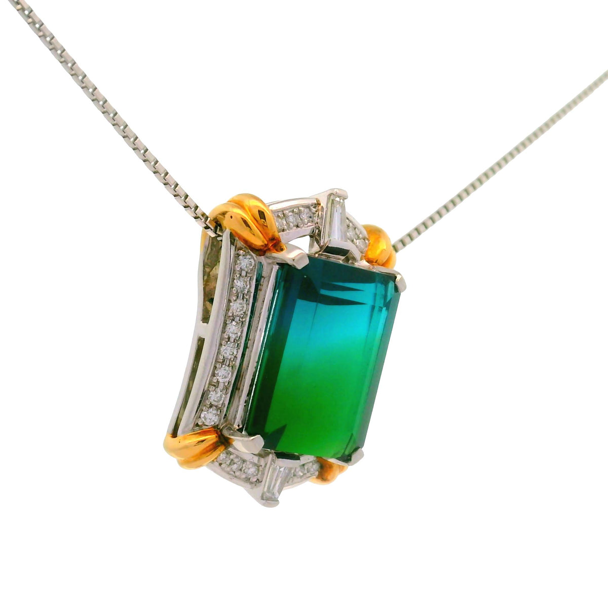 14.12 Carat Bi-Color Tourmaline Diamond 18K Gold & Platinum Pendant Necklace