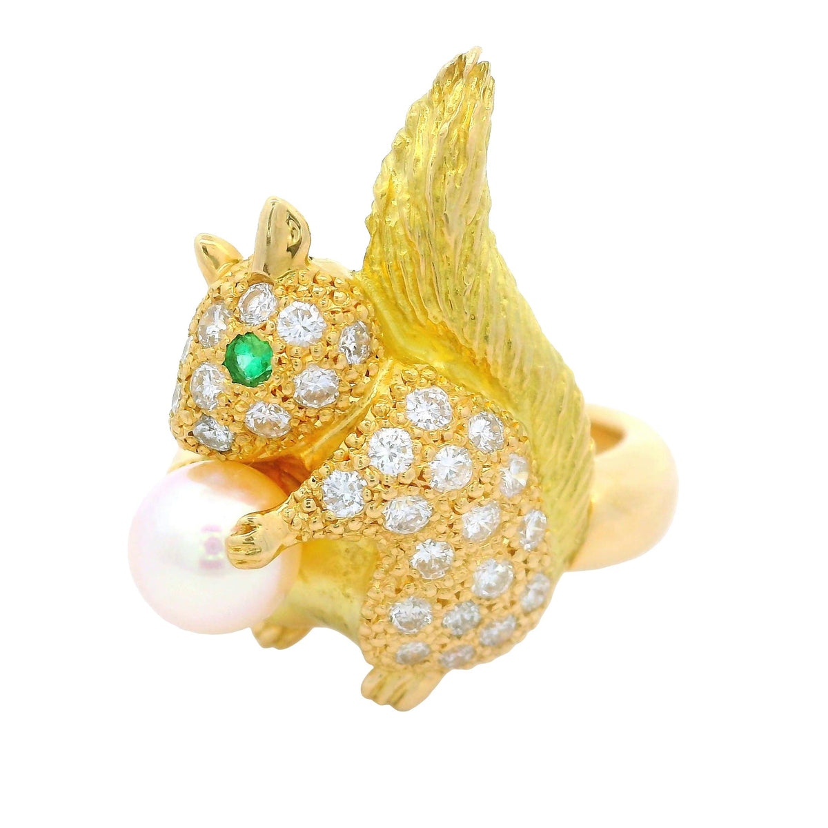 Akoya Pearl Diamond Emerald 18K Yellow Gold Squirrel Ring