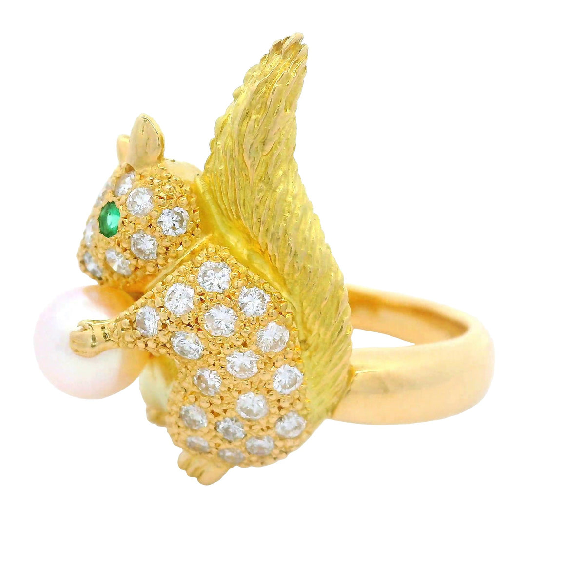 Akoya Pearl Diamond Emerald 18K Yellow Gold Squirrel Ring