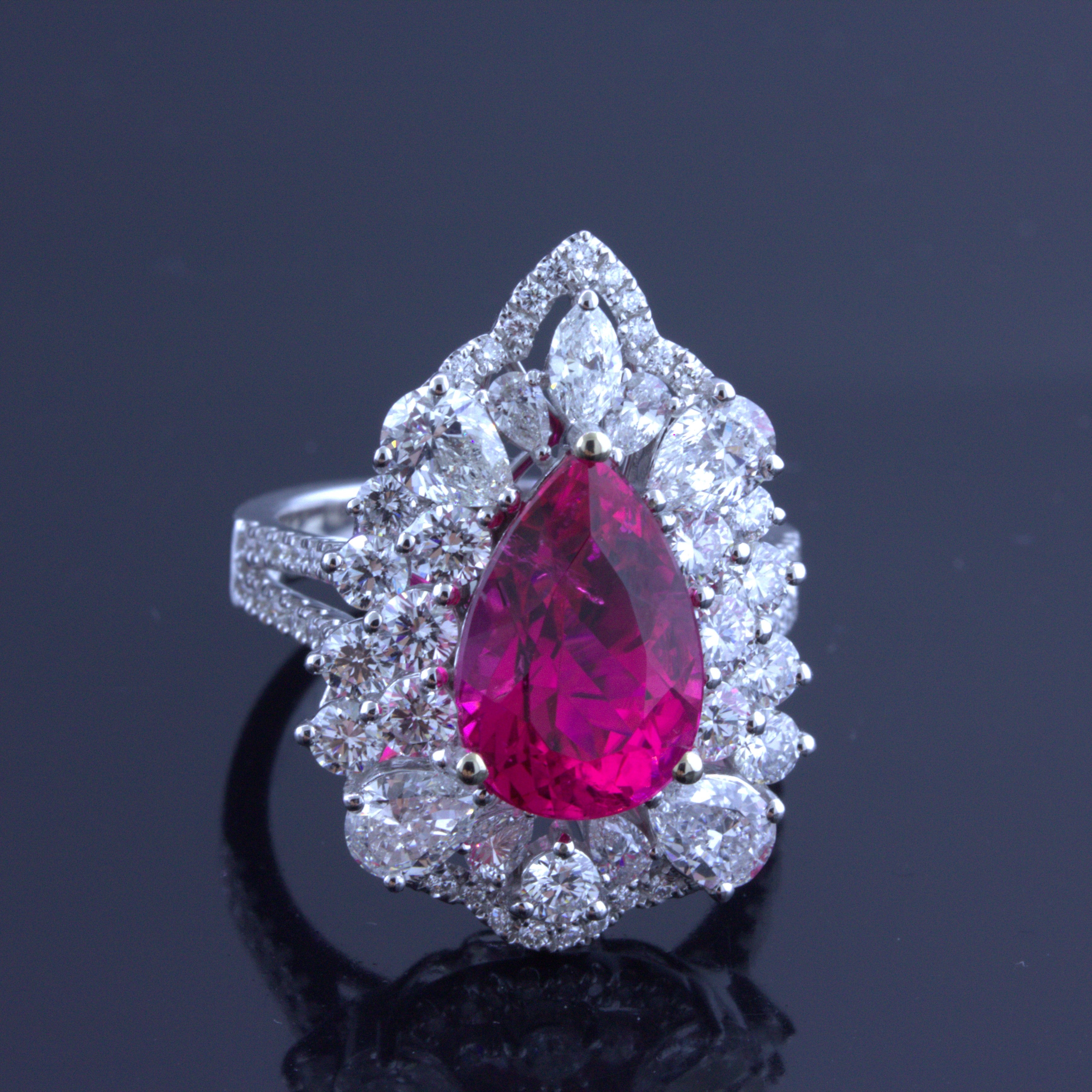 Rubellite Tourmaline Diamond Sunburst 18k White Gold Ring