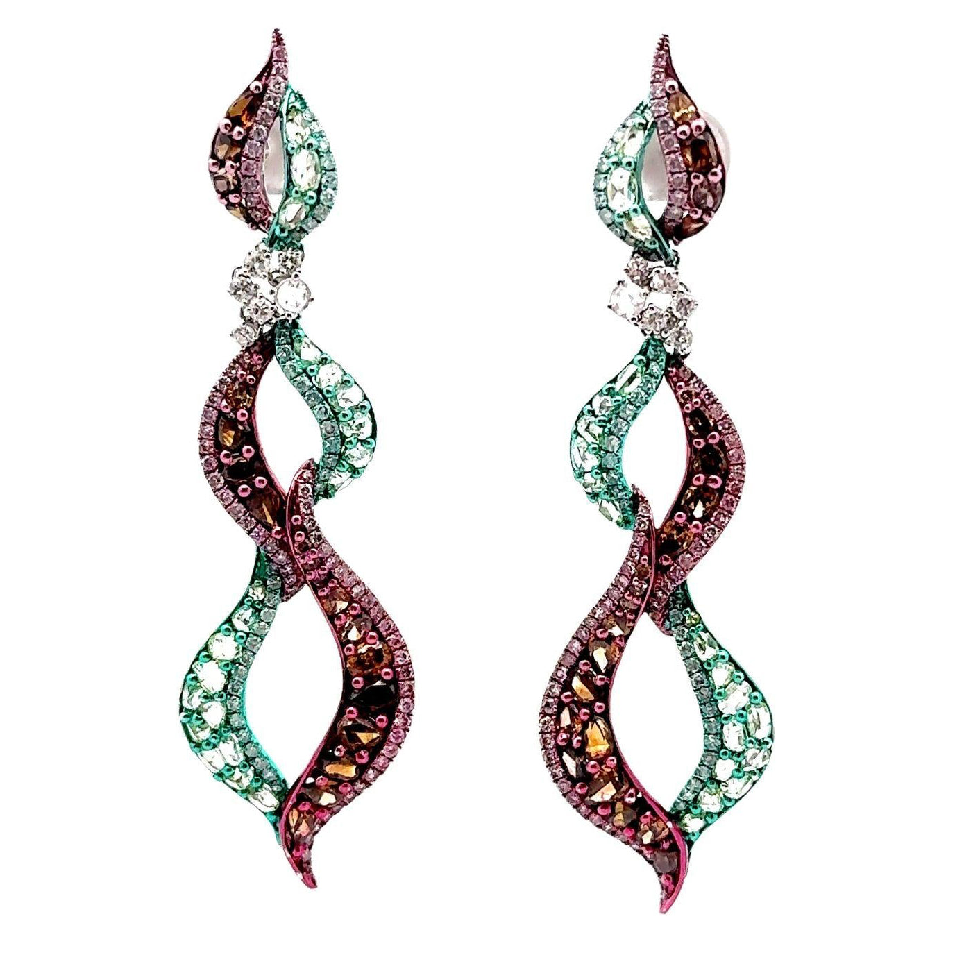18k Gold Green & Pink Rhodium Diamond Dangle Earrings