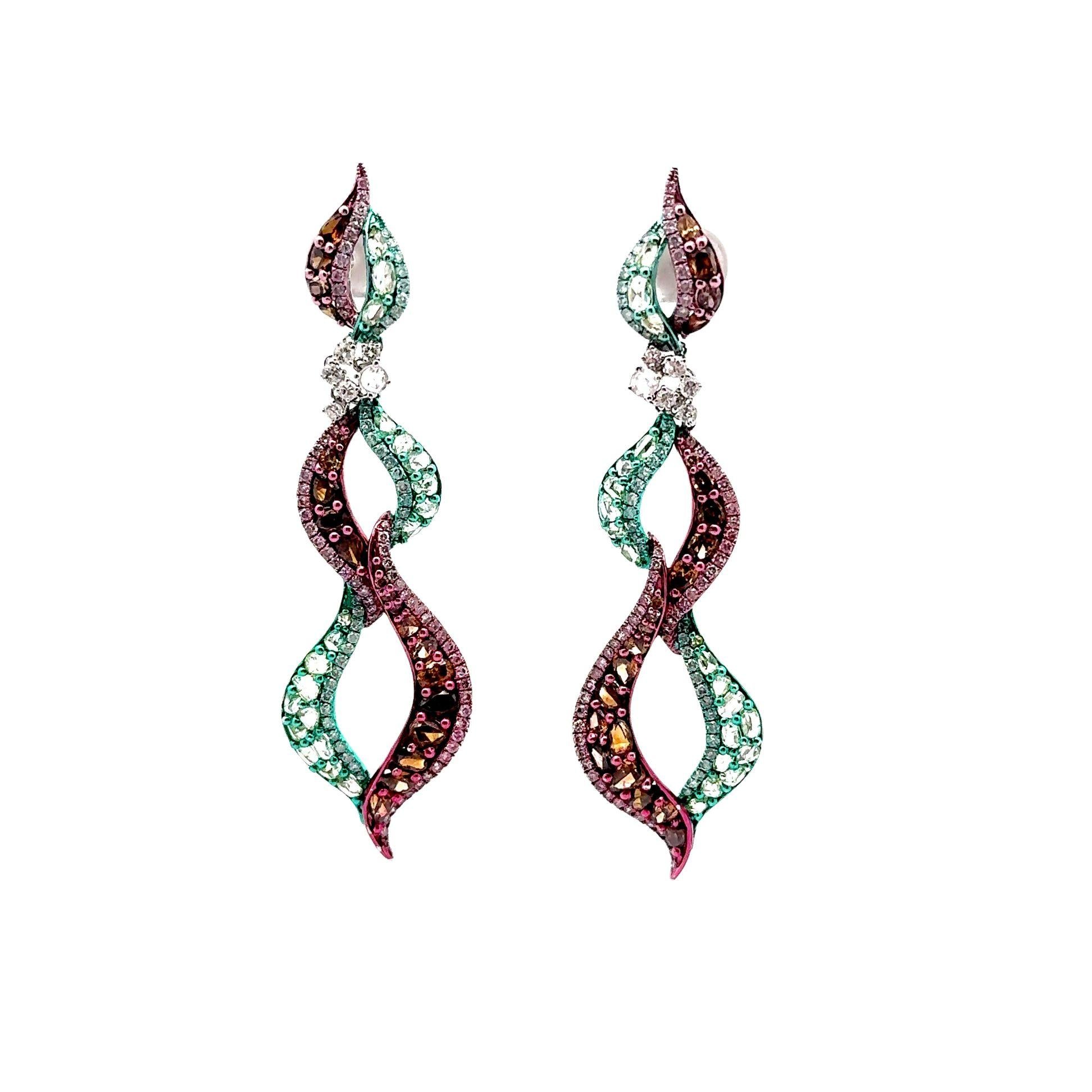 18k Gold Green & Pink Rhodium Diamond Dangle Earrings