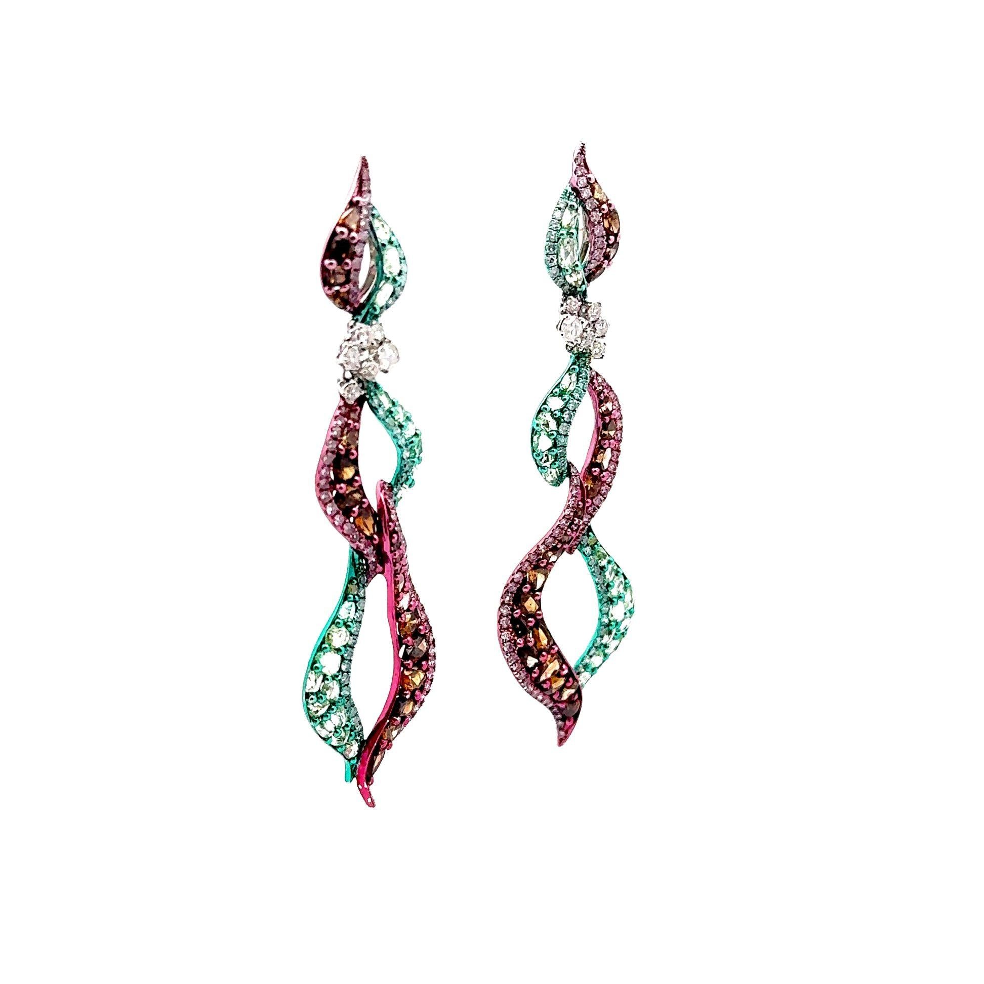 18k Gold Green & Pink Rhodium Diamond Dangle Earrings