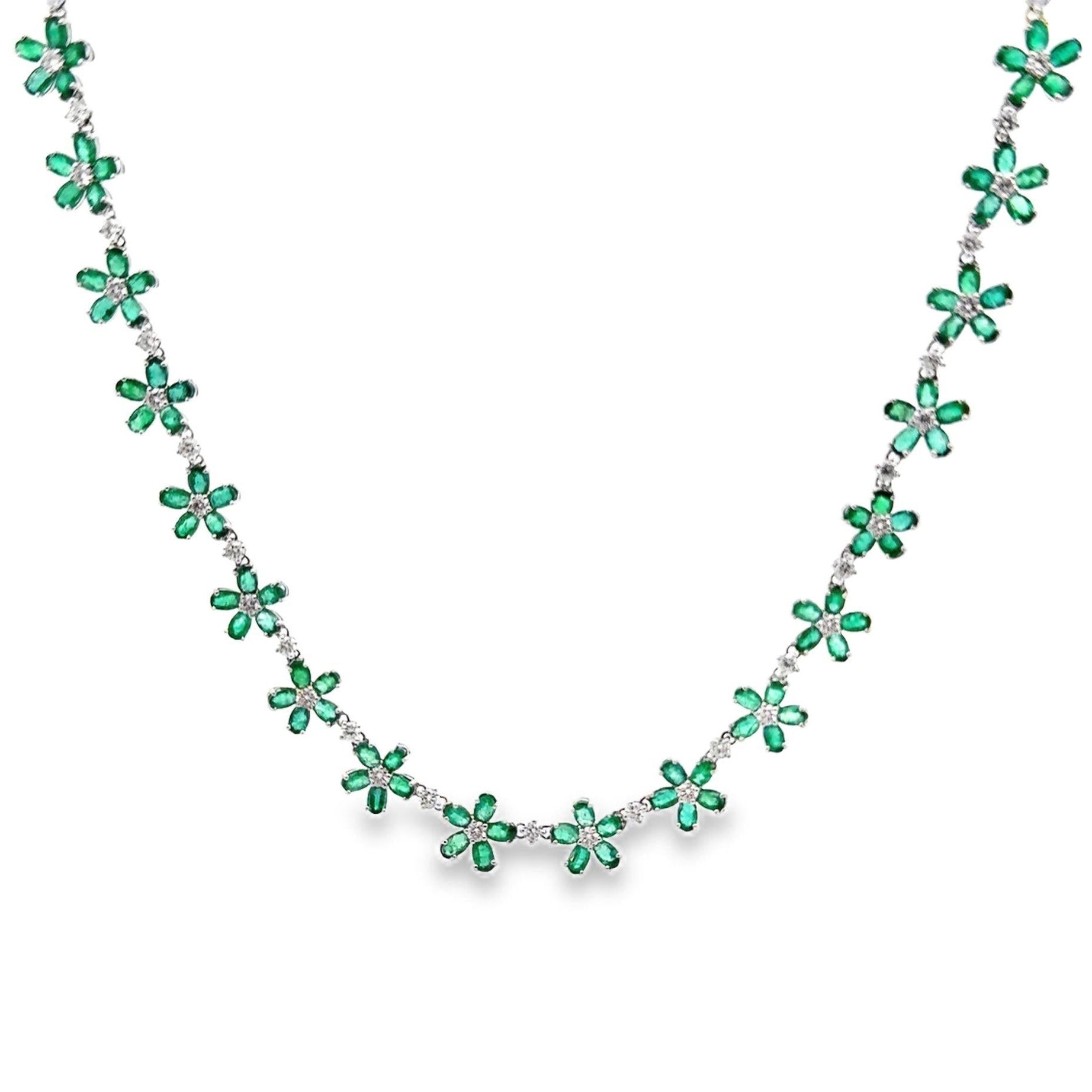 Emerald & Diamond 18k White Gold Flower Necklace