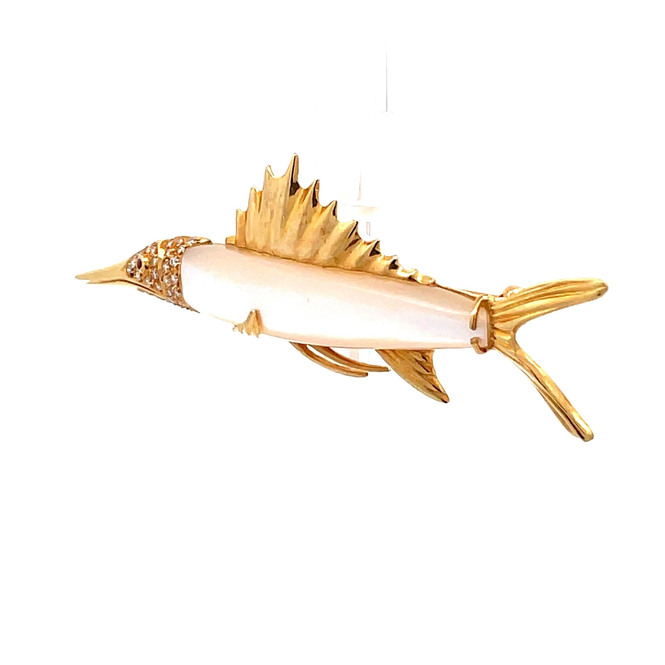 Mother-of-Pearl Diamond 18k Yellow Gold Marlin Fish Brooch