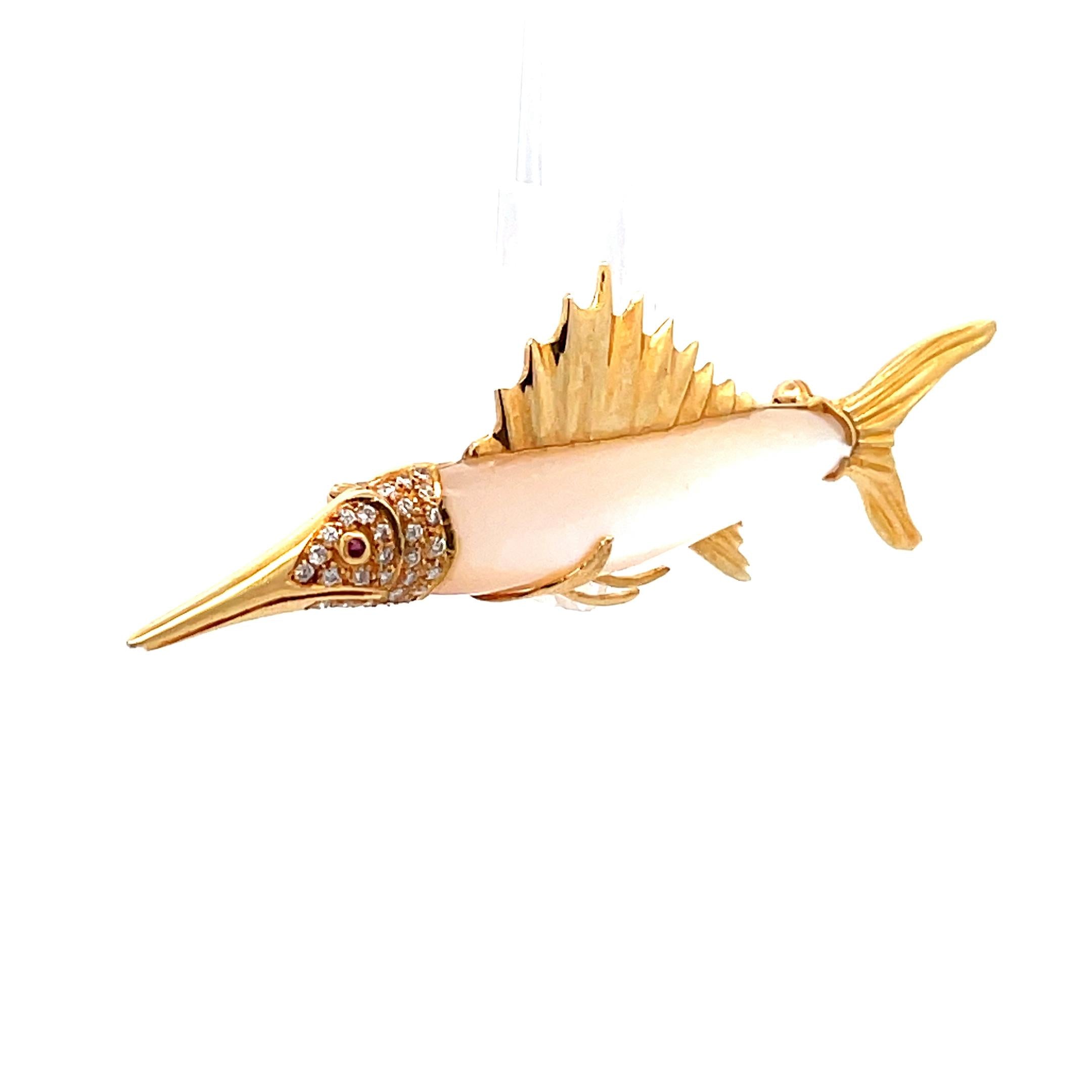 Mother-of-Pearl Diamond 18k Yellow Gold Marlin Fish Brooch