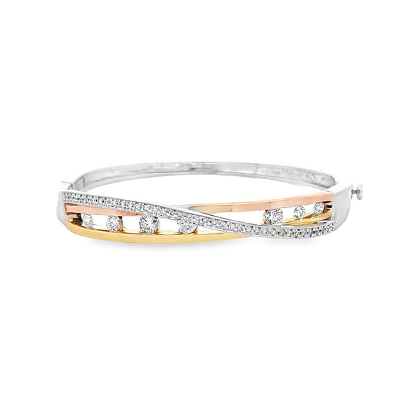 Crossing Diamond Channel Set 14k Multi-Color Gold Bangle Bracelet