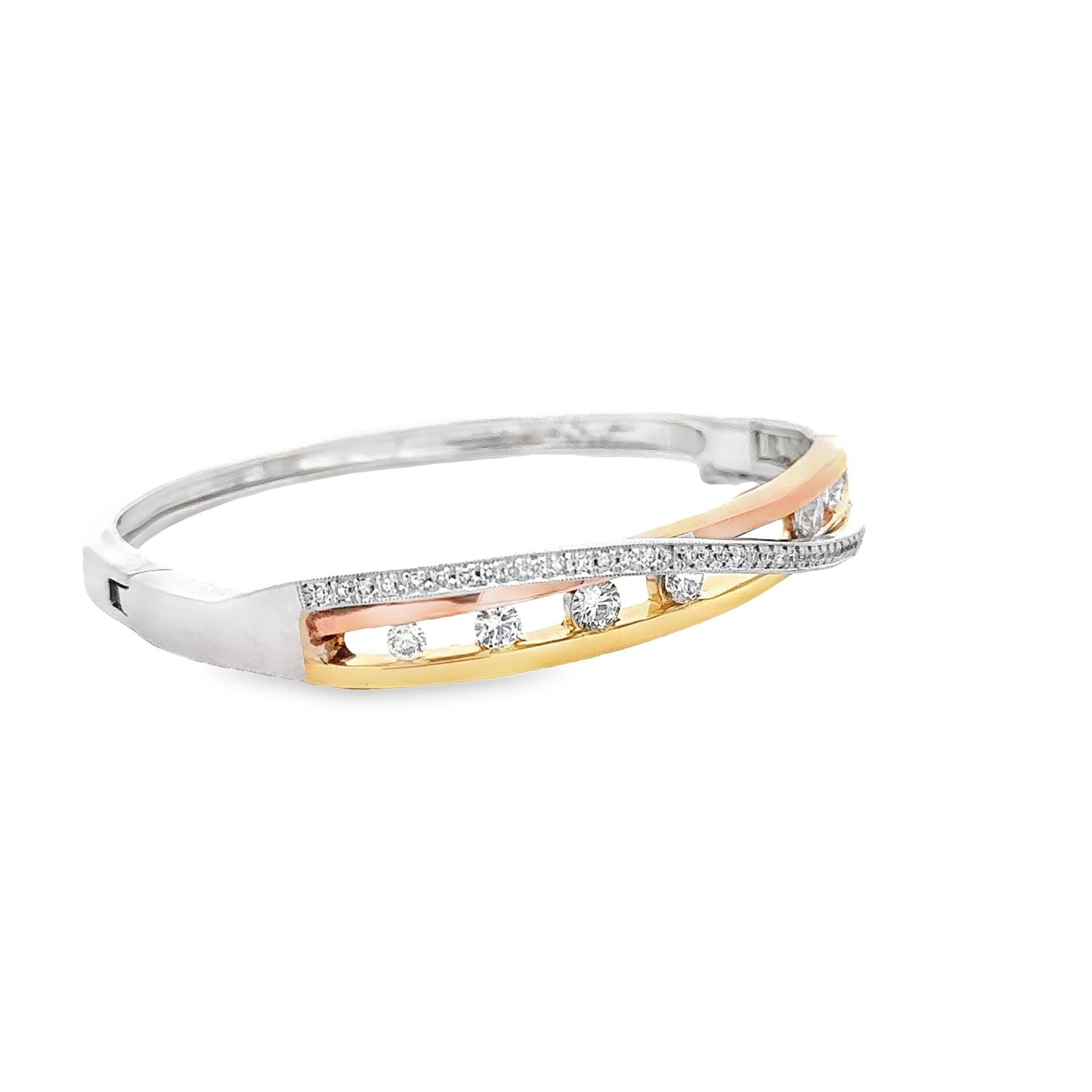 Crossing Diamond Channel Set 14k Multi-Color Gold Bangle Bracelet