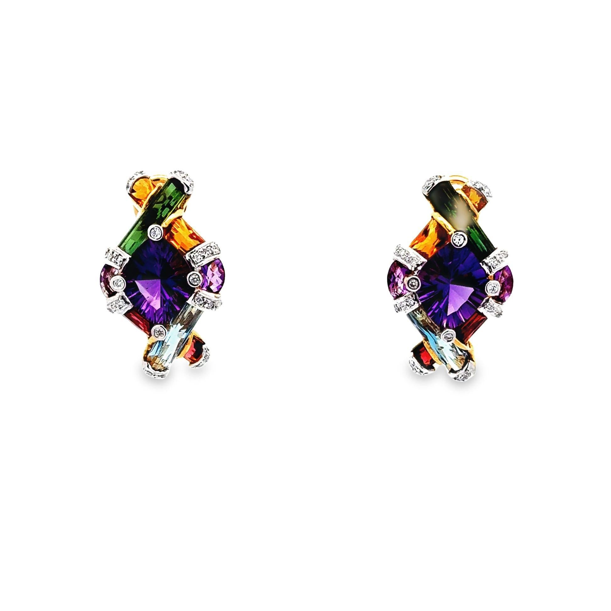 Bellari Diamond Multi-Color Gemstone 18k Yellow Gold Earrings