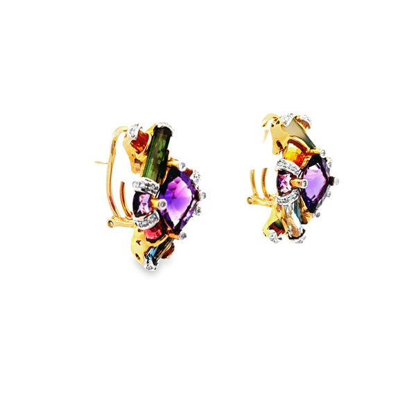 Bellari Diamond Multi-Color Gemstone 18k Yellow Gold Earrings
