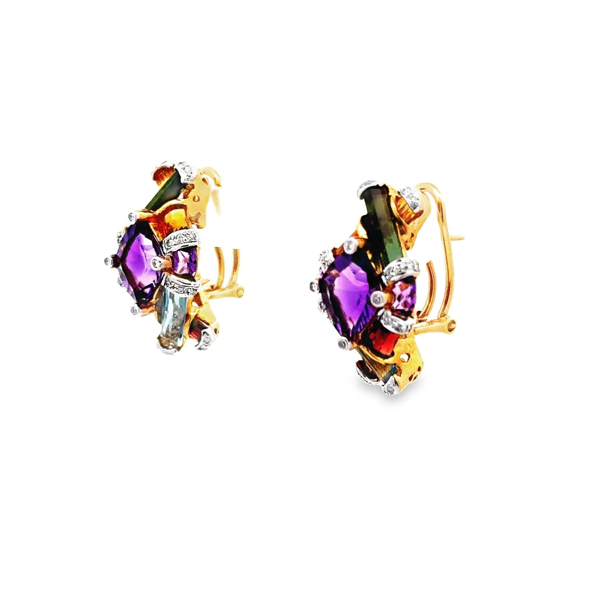 Bellari Diamond Multi-Color Gemstone 18k Yellow Gold Earrings