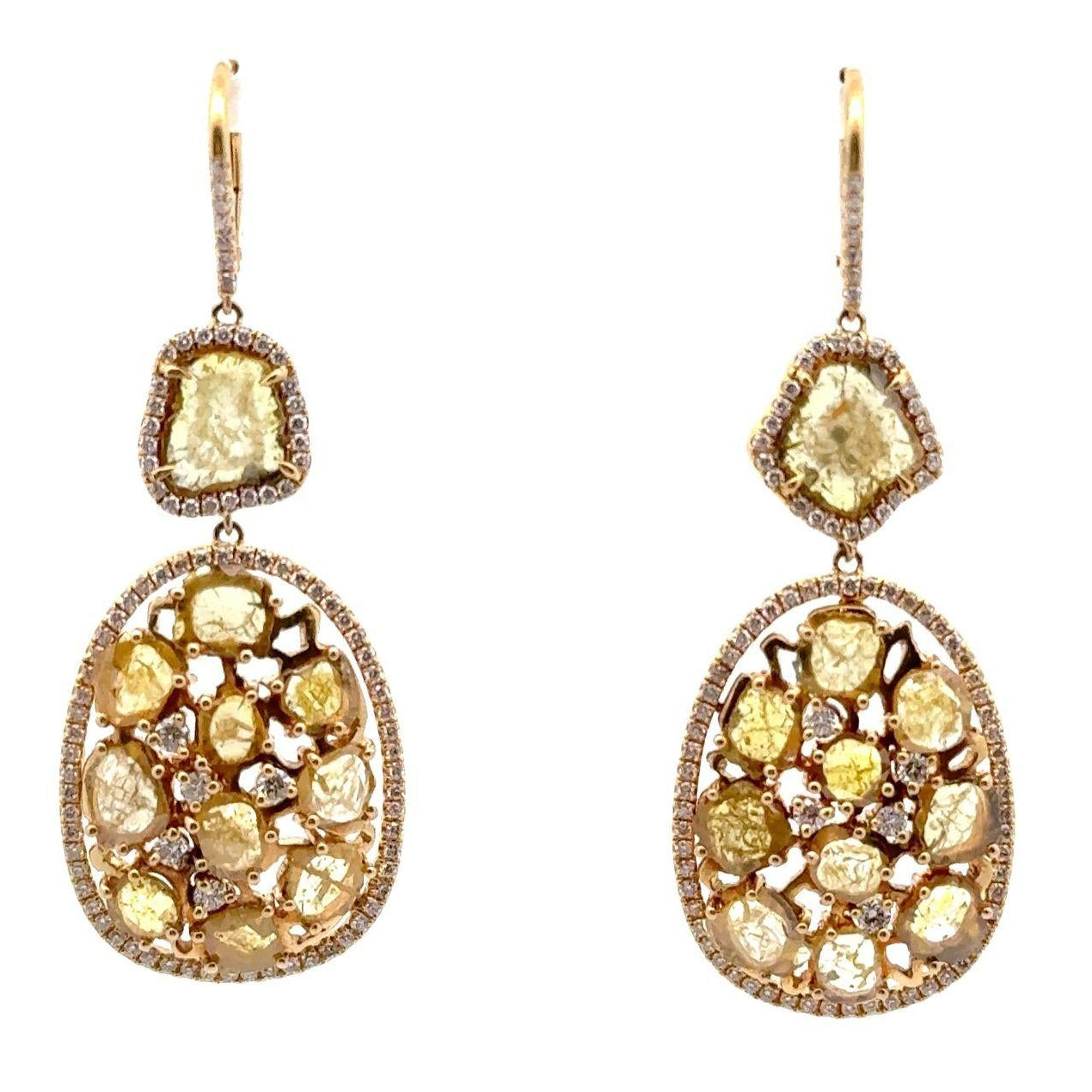Yellow & White Diamond Slice 18k Yellow Gold Drops Earrings