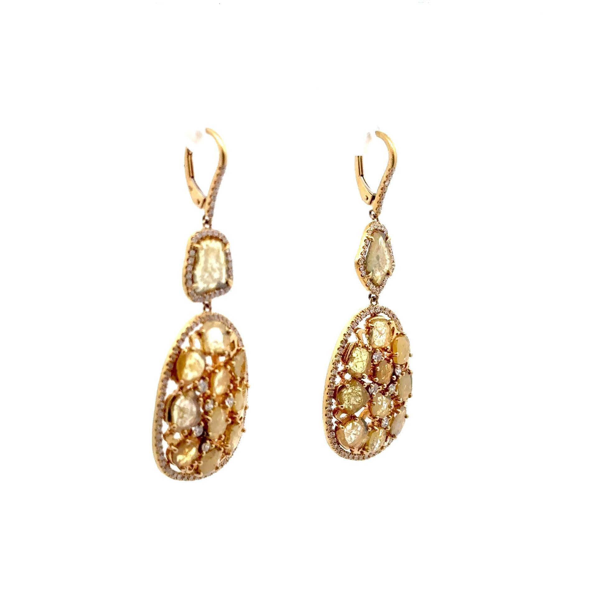 Yellow & White Diamond Slice 18k Yellow Gold Drops Earrings