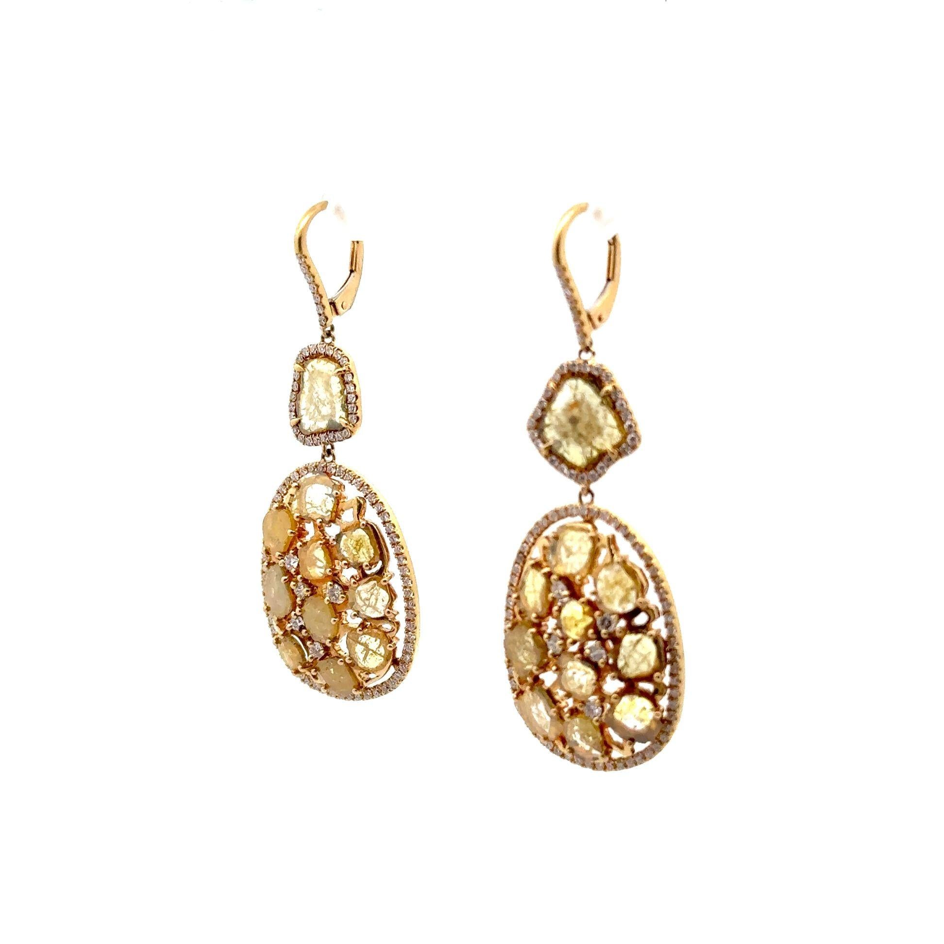 Yellow & White Diamond Slice 18k Yellow Gold Drops Earrings