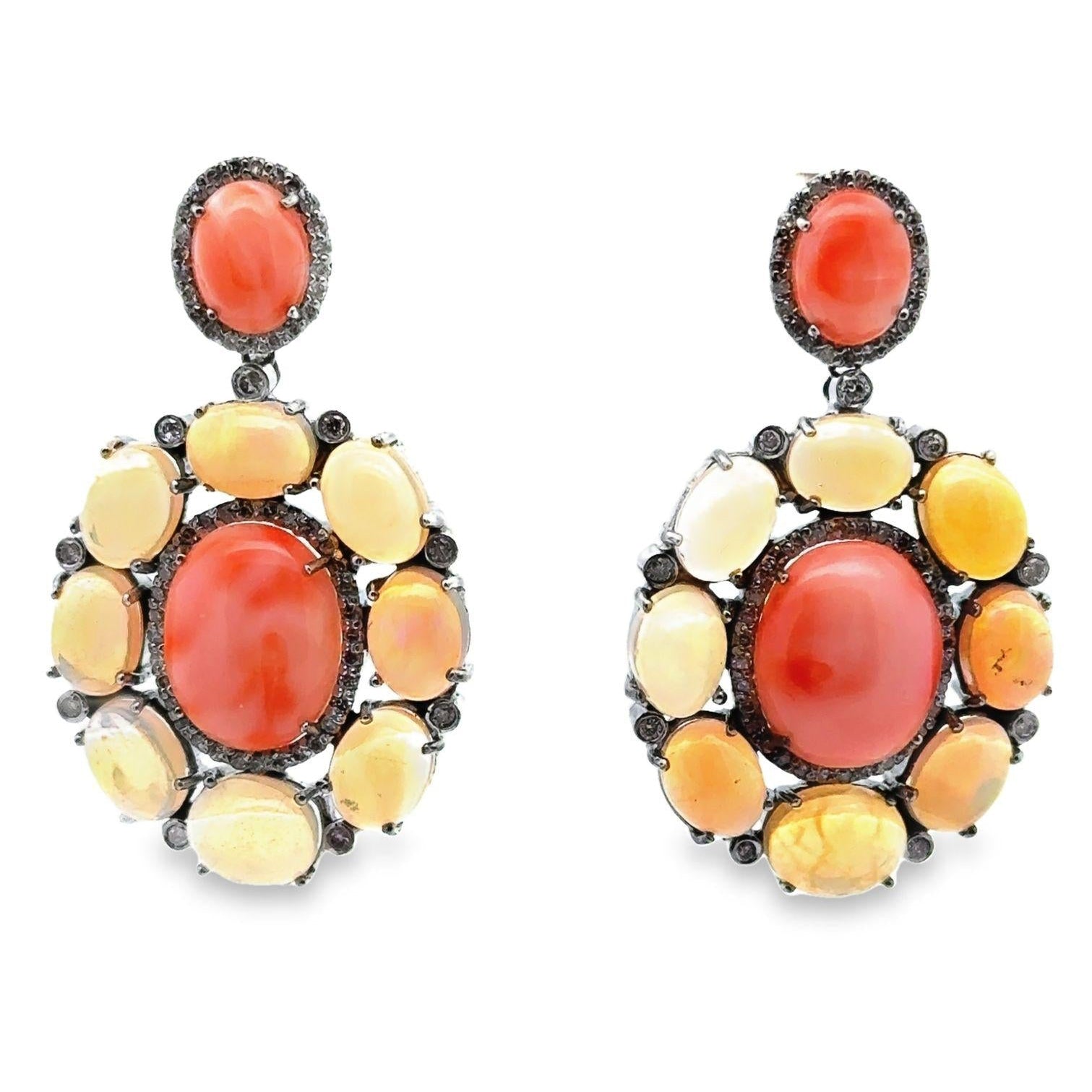 Crystal Opal Coral Diamond Sterling Silver Dangle Earrings