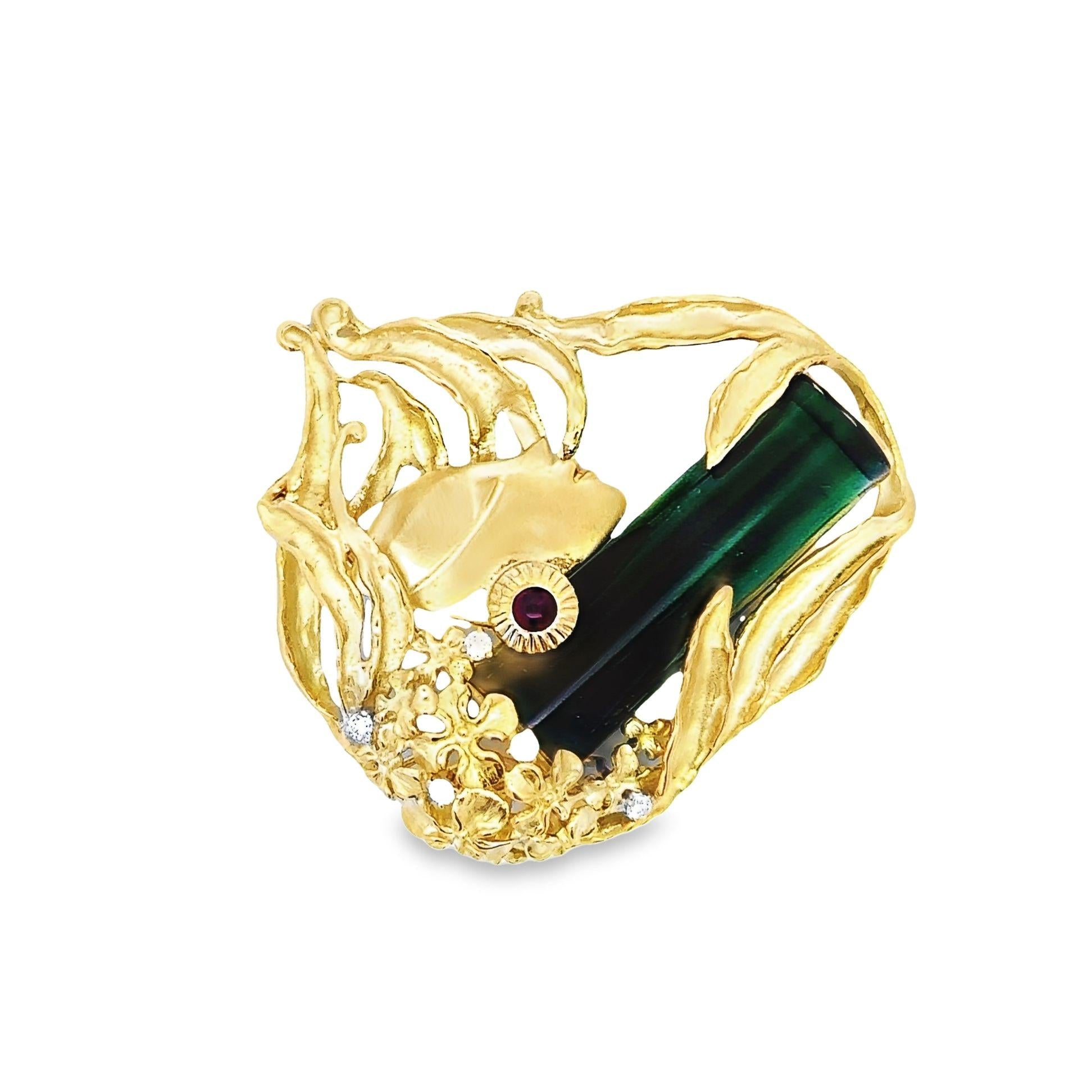 27.16 Carat Green Tourmaline 18k Yellow Gold Art Nouveau Inspired Brooch