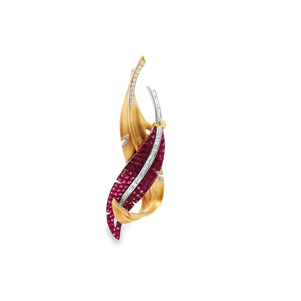 Invisible-Set Ruby Diamond 18K White & Yellow Gold Feather Pin Brooch, Unisex