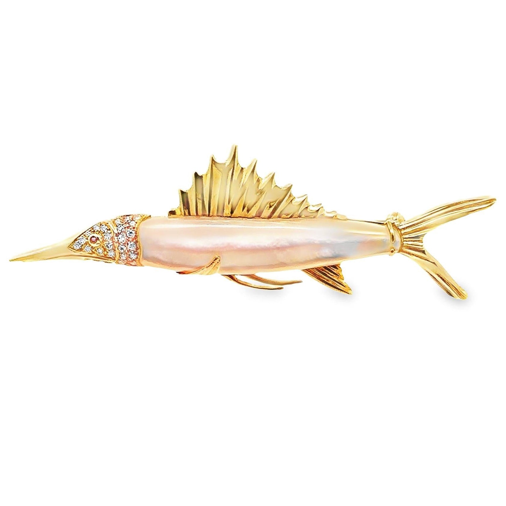 Mother-of-Pearl Diamond 18k Yellow Gold Marlin Fish Brooch
