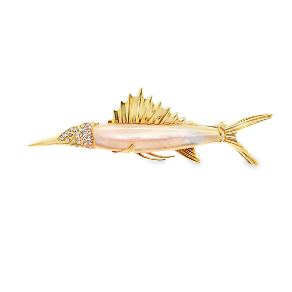 Mother-of-Pearl Diamond 18k Yellow Gold Marlin Fish Brooch