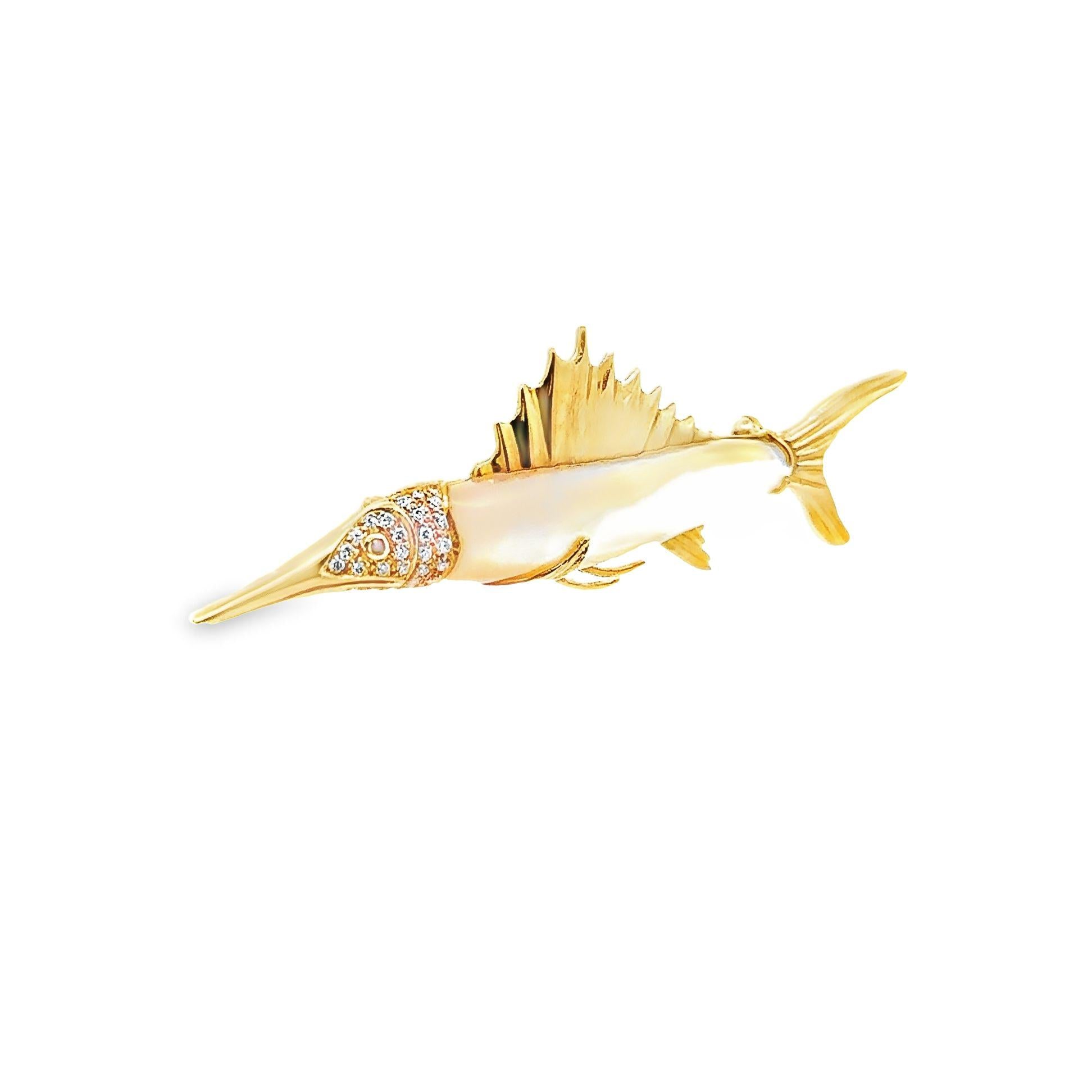 Mother-of-Pearl Diamond 18k Yellow Gold Marlin Fish Brooch