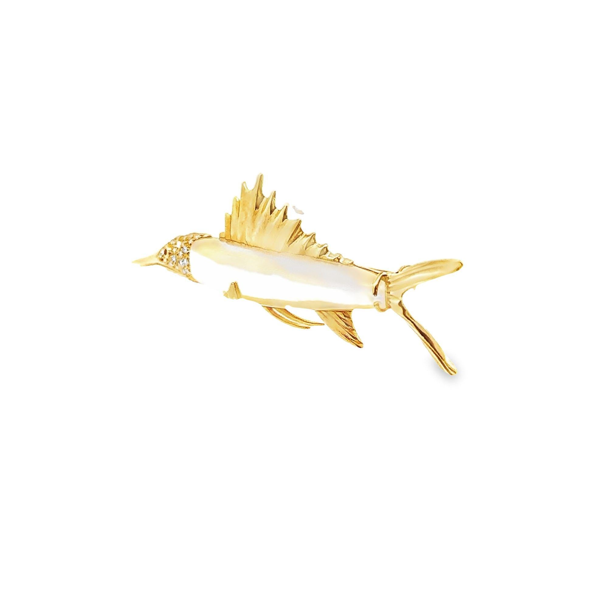 Mother-of-Pearl Diamond 18k Yellow Gold Marlin Fish Brooch