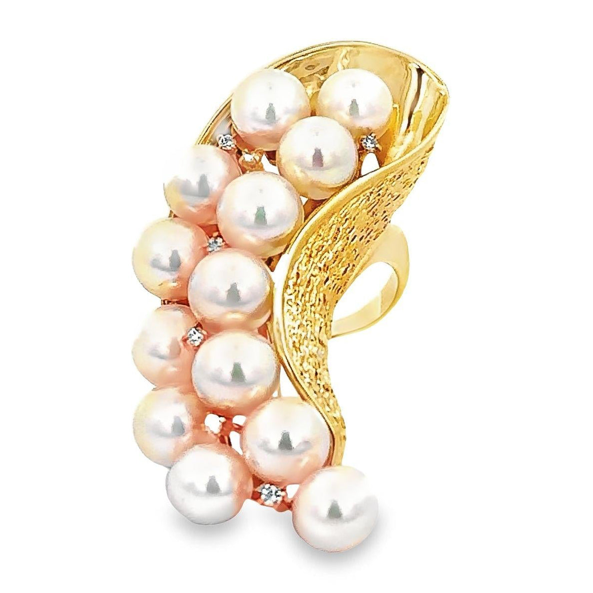 Akoya Pearl Diamond 18k Yellow Gold Textured Cocktail Ring