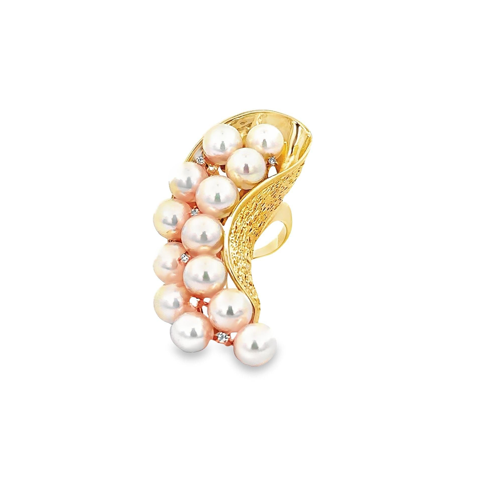 Akoya Pearl Diamond 18k Yellow Gold Textured Cocktail Ring