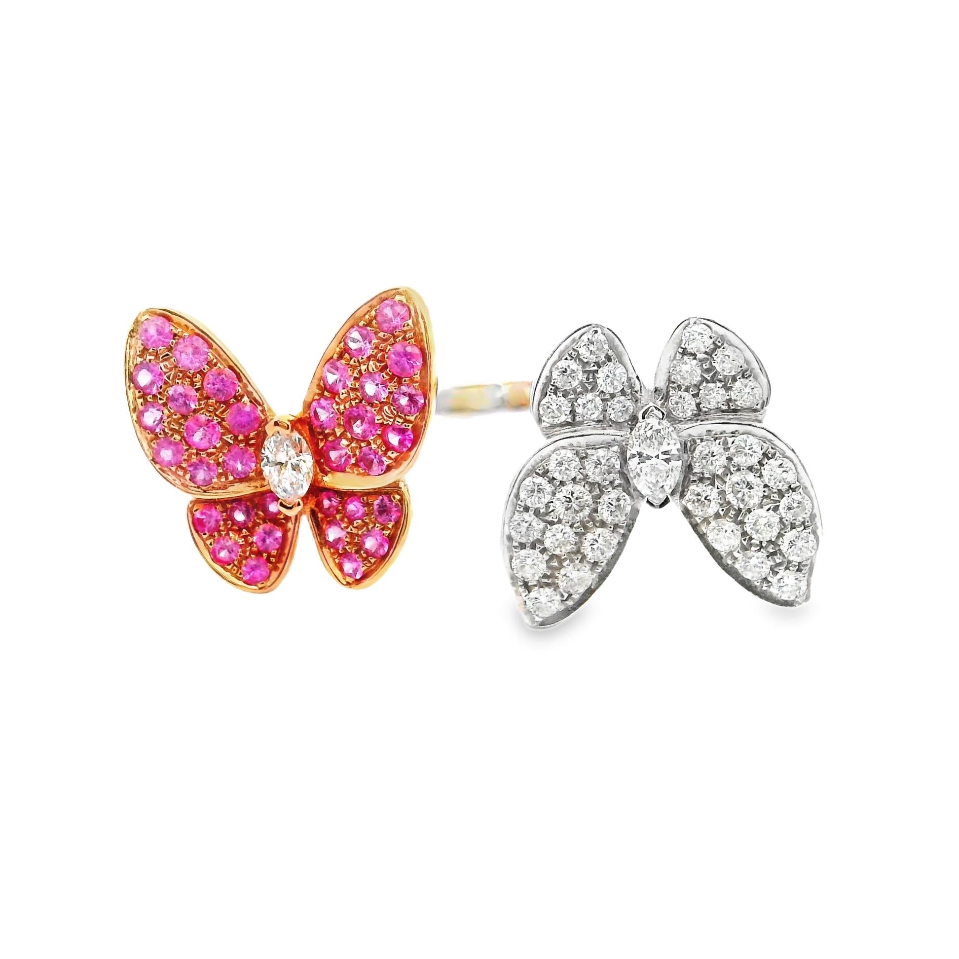 Diamond & Pink Sapphire 18k White Gold Twin Butterfly Ring