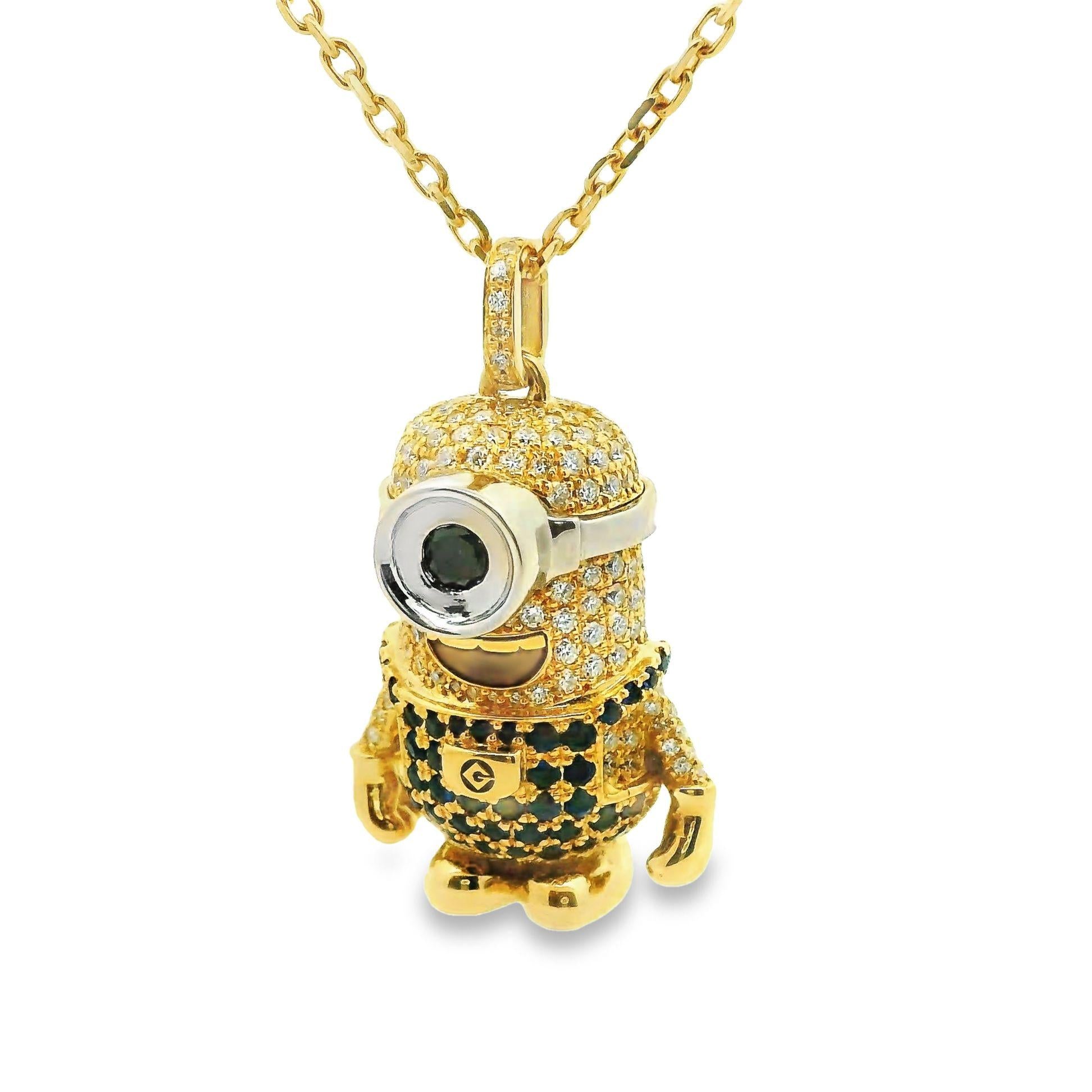 White & Black Diamond Sapphire 18k Yellow Gold “Minion” Pendant Necklace