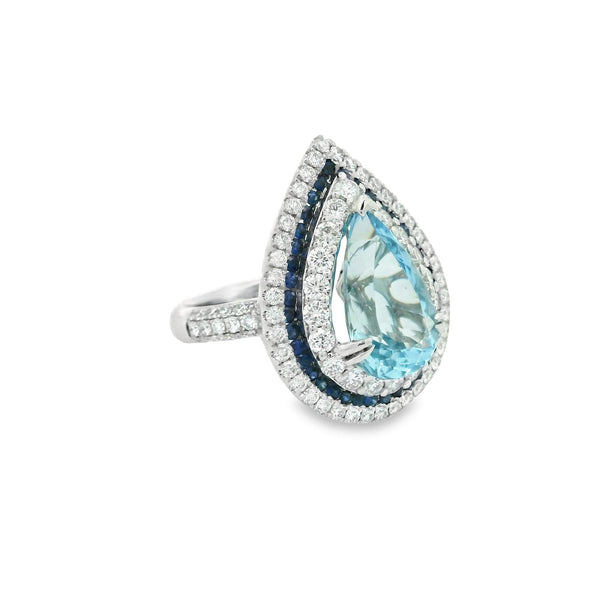 3.75 Carat Aquamarine Diamond Sapphire Multi-Halo 18k White Gold Ring