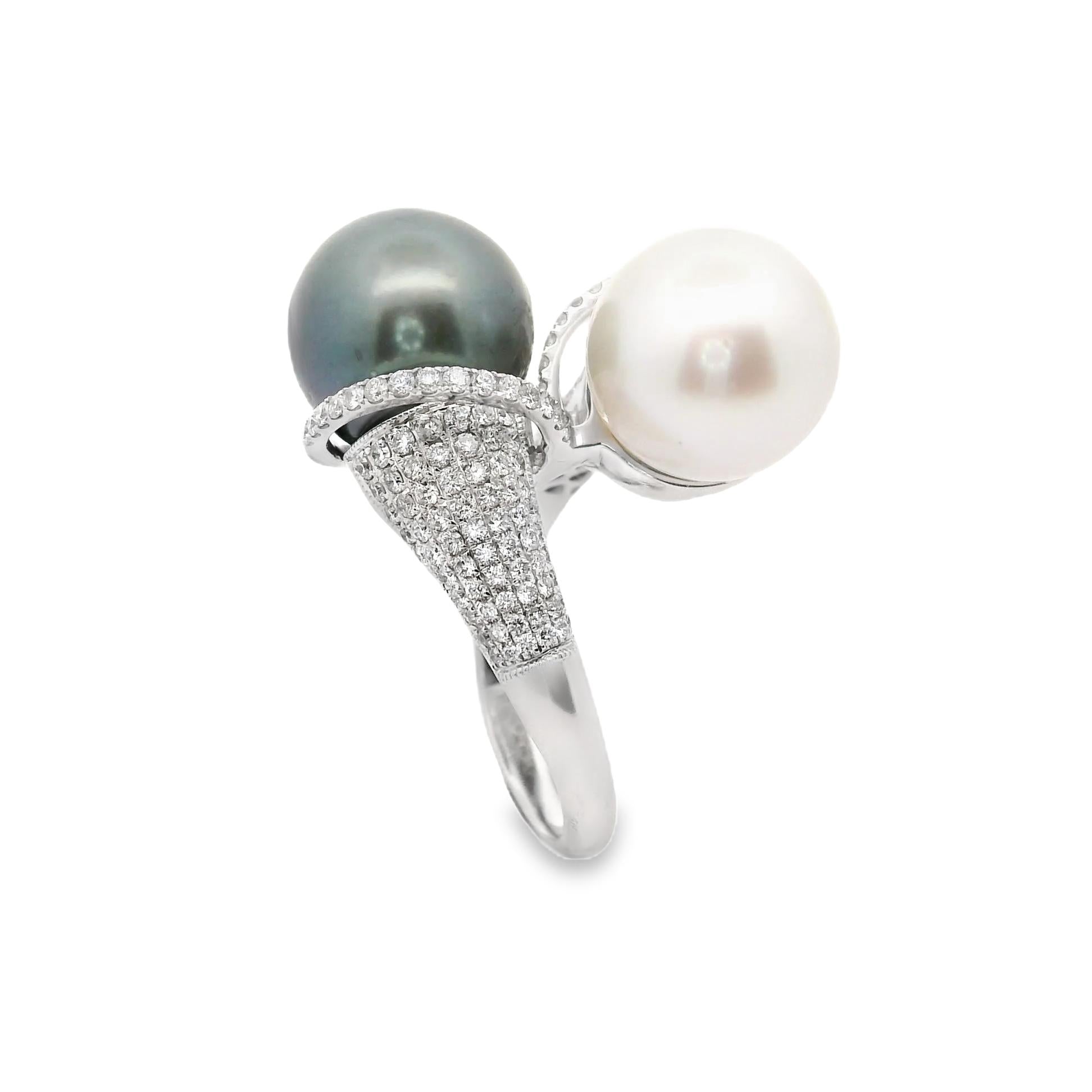 White & Tahitian Cultured Pearl Diamond 18k White Gold Bypass Ring