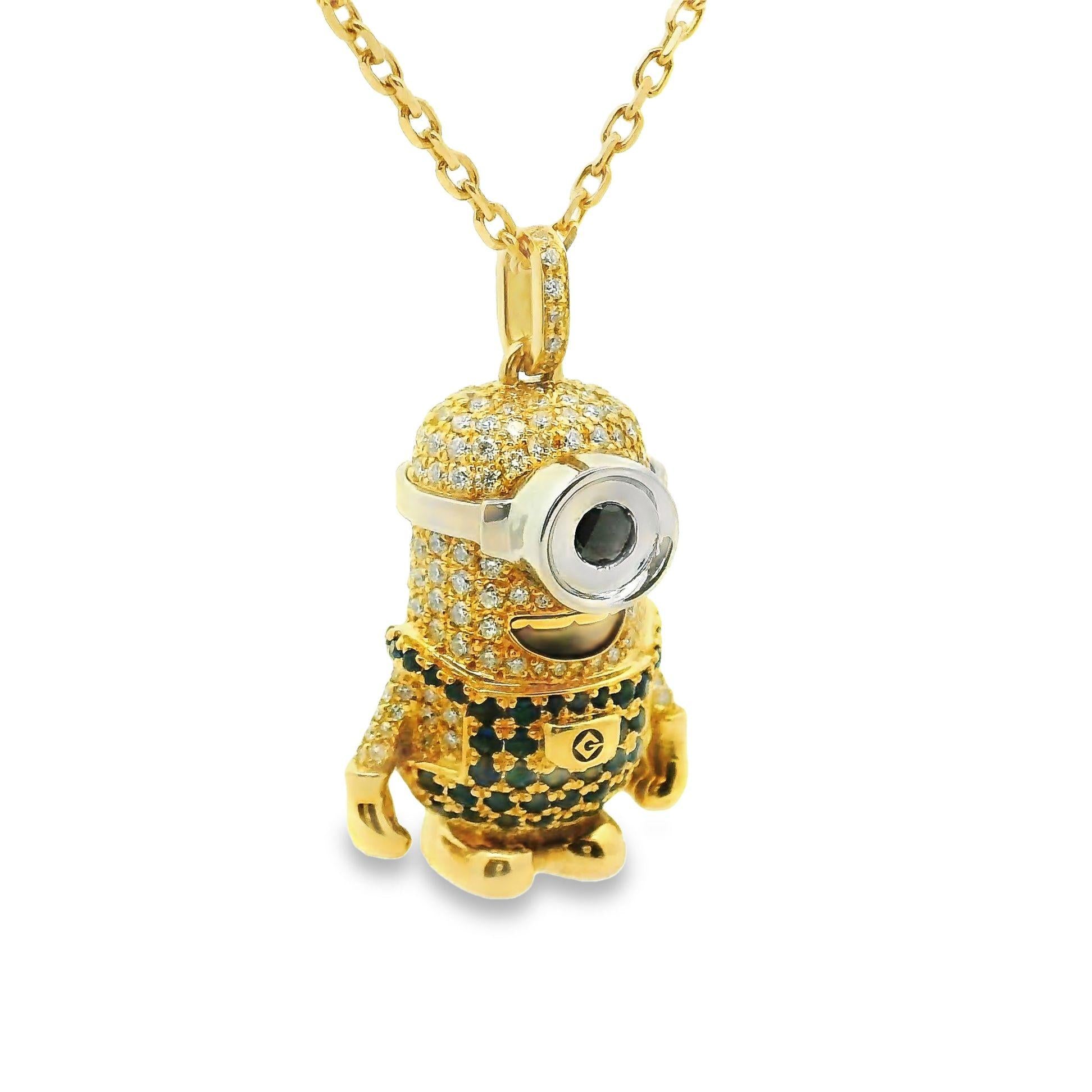 White & Black Diamond Sapphire 18k Yellow Gold “Minion” Pendant Necklace