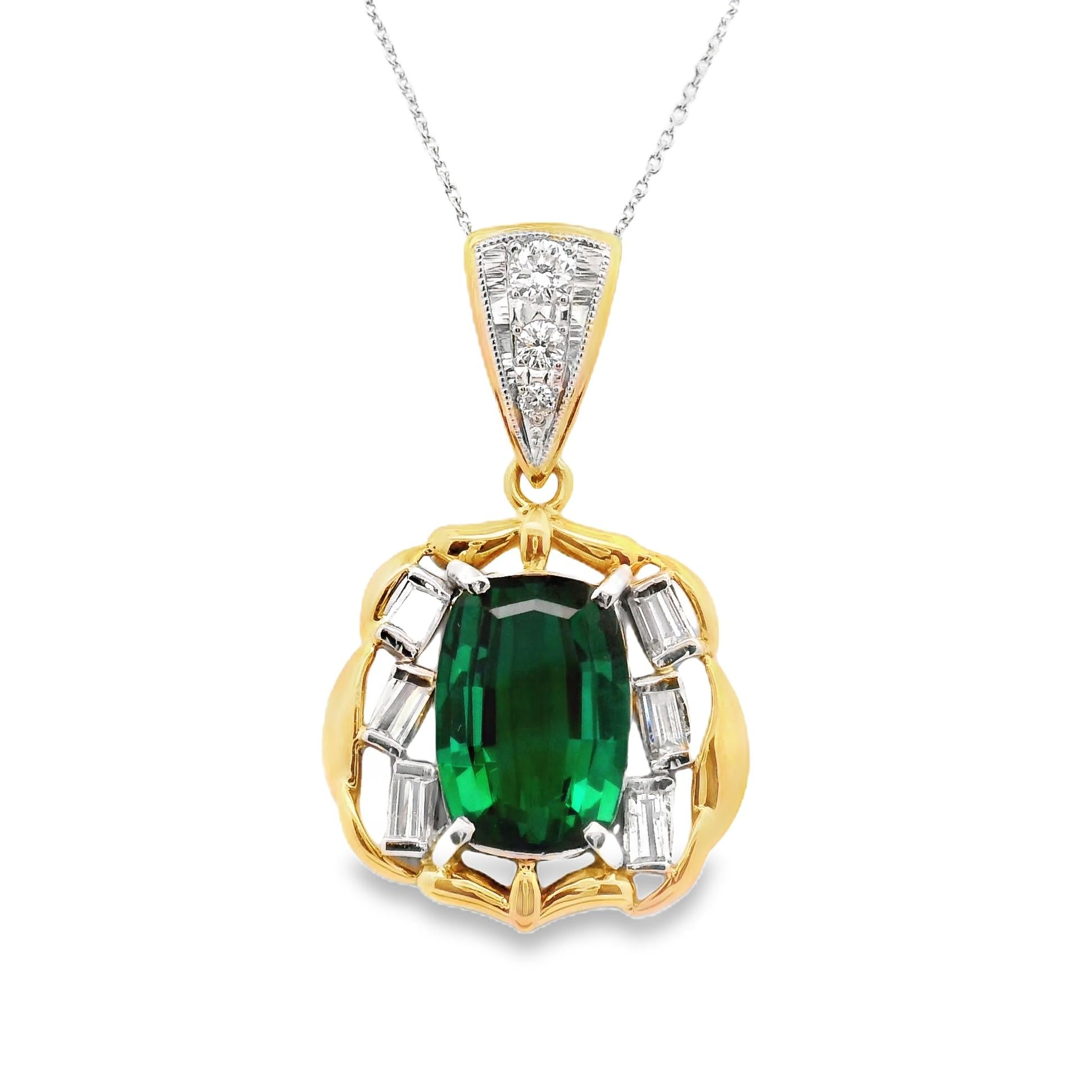 Blue-Green Tourmaline Diamond Platinum & 18k Yellow Gold Pendant