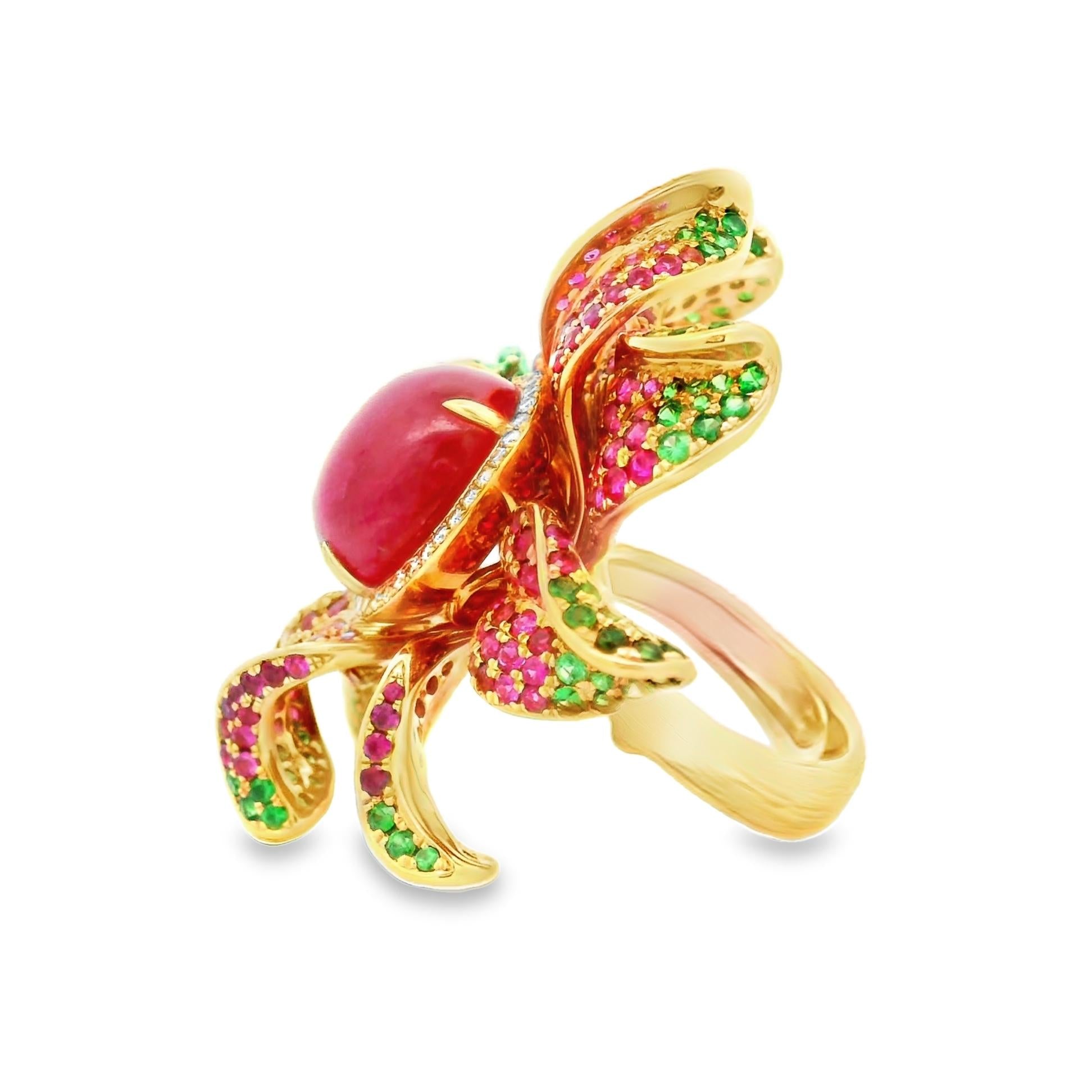 Ruby Tsavorite-Garnet Diamond 18k Rose Gold Floral-Frog Cocktail Ring